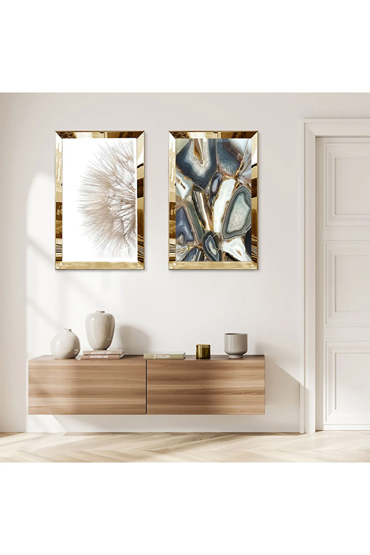 GOLD AYNALI PLEKSİ ÇERÇEVELİ SOYUT DESENLİ DEKORATİF İKİLİ MDF TABLO SETİ