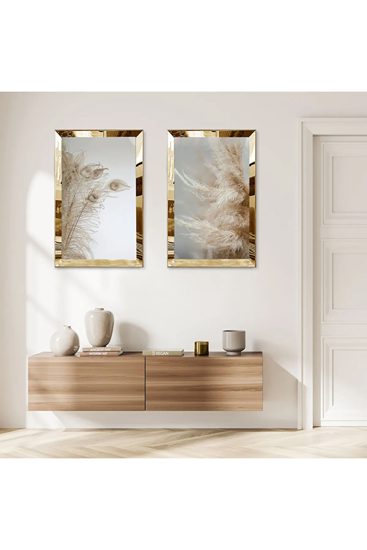 GOLD AYNALI PLEKSİ ÇERÇEVELİ GRİ ARKA PLANLI KURUTULMUŞ ÇİÇEKLER MODERN İKİLİ MDF TABLO SETİ