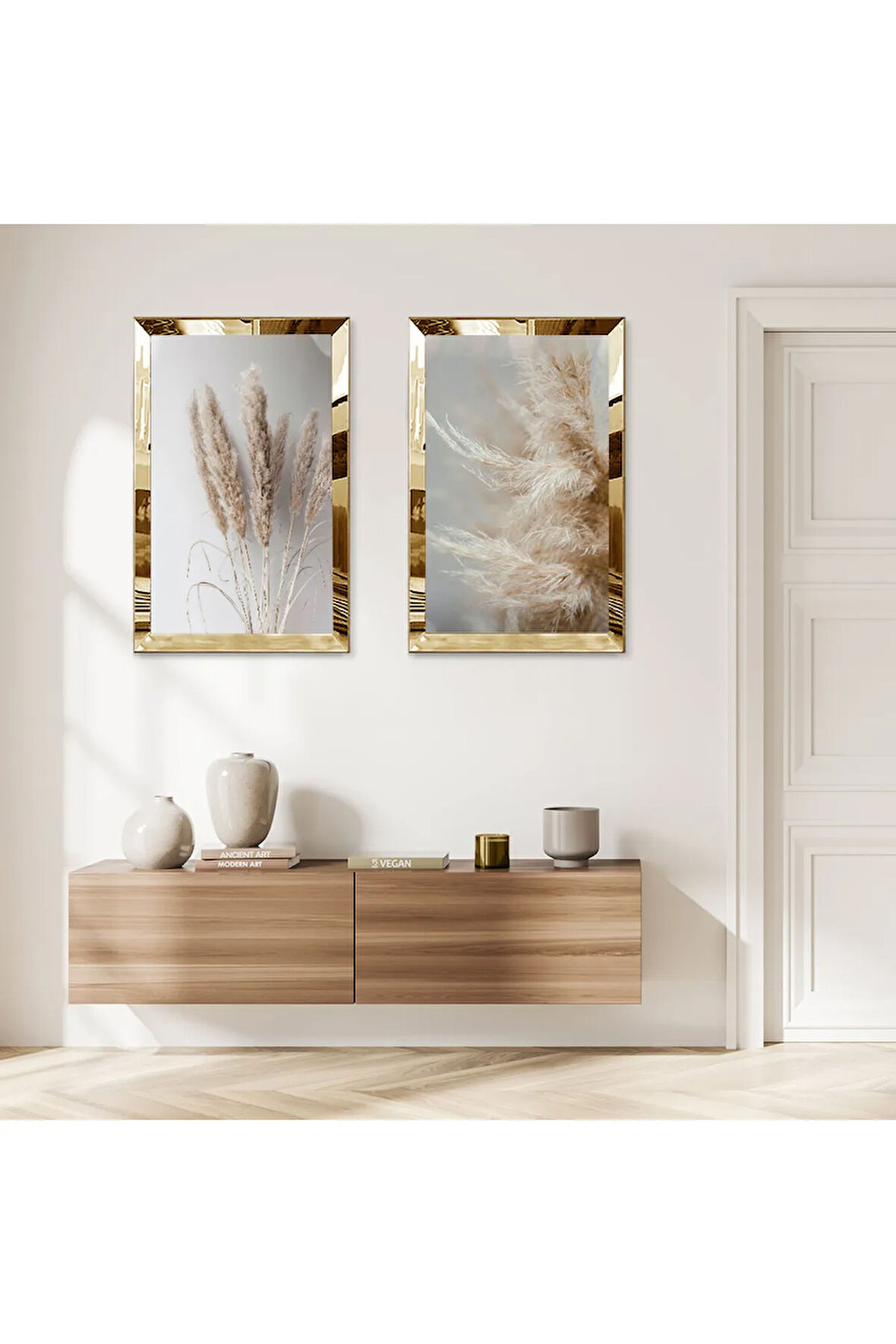 GOLD AYNALI PLEKSİ ÇERÇEVELİ GRİ ARKA PLANLI KURUTULMUŞ ÇİÇEKLER İKİLİ MDF TABLO SETİ