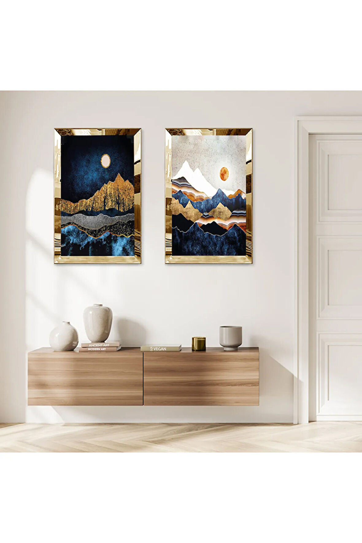 GOLD AYNALI PLEKSİ ÇERÇEVELİ GECE MODERN DAĞ MANZARALI DEKORATİF İKİLİ MDF TABLO SETİ