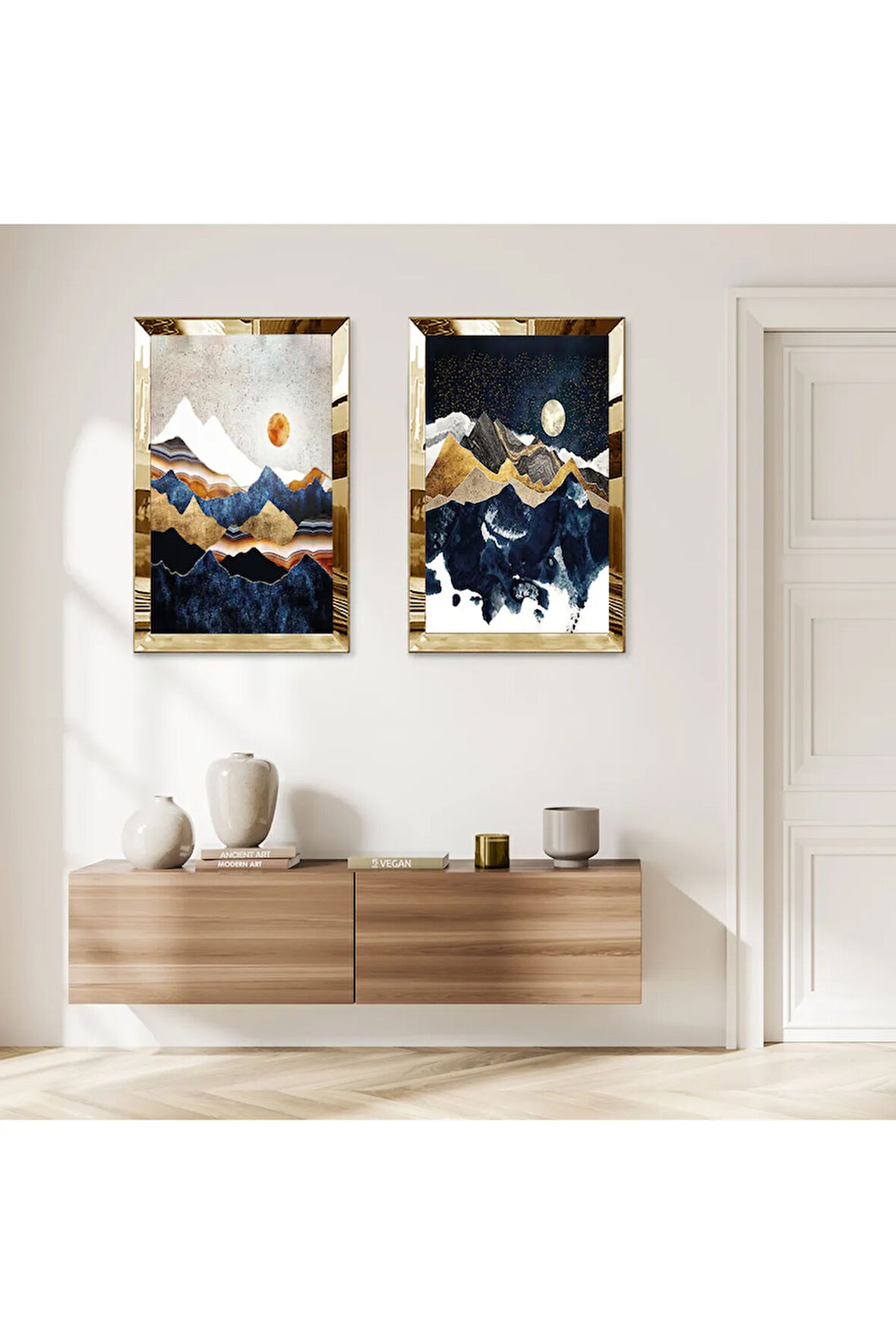 GOLD AYNALI PLEKSİ ÇERÇEVELİ GECE DAĞ MANZARALI İKİLİ MDF TABLO SETİ