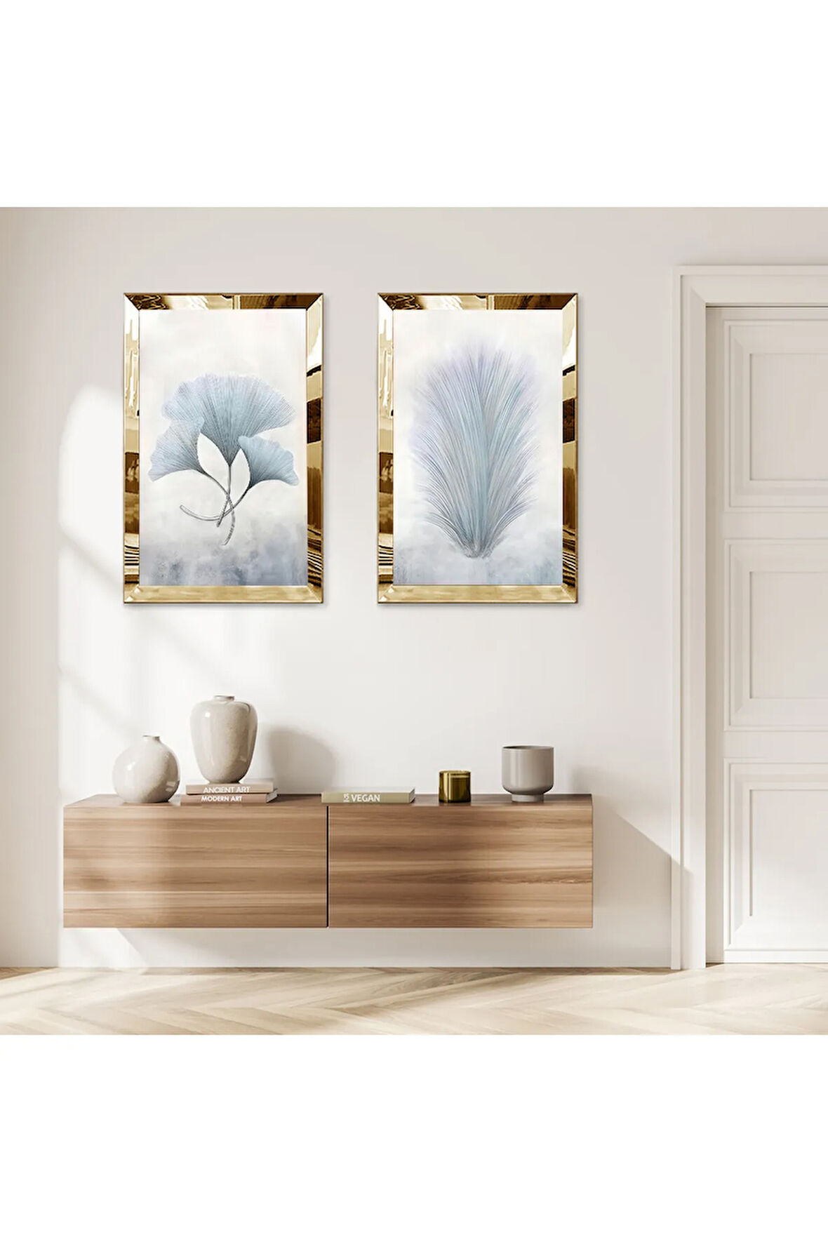 GOLD AYNALI PLEKSİ ÇERÇEVELİ BEYAZ ARKA PLANLI BEYAZ ÇİÇEKLER İKİLİ MDF TABLO SETİ