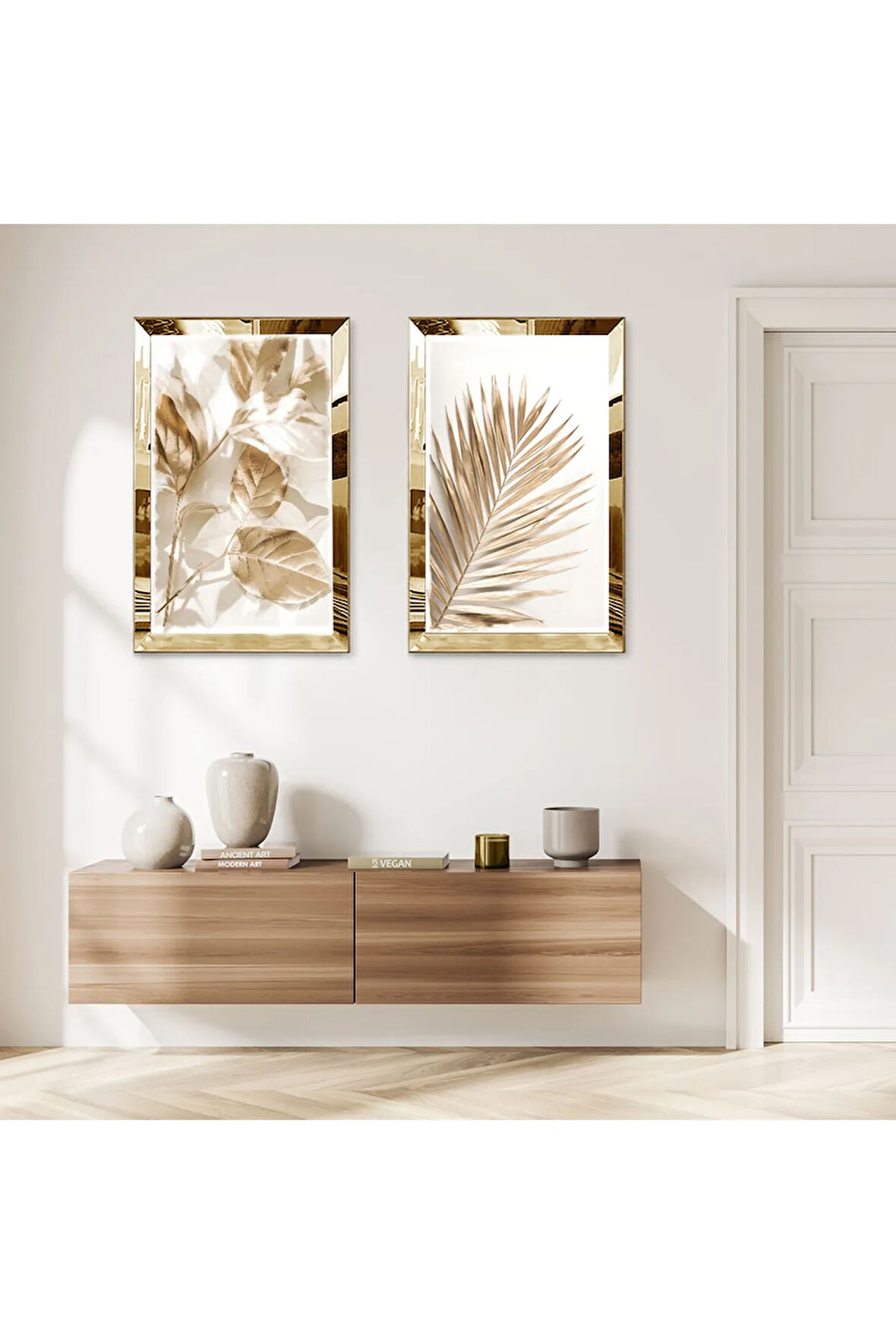 GOLD AYNALI PLEKSİ ÇERÇEVELİ BEYAZ ARKA PLANLI GOLD ÇİÇEK MODERN İKİLİ MDF TABLO SETİ
