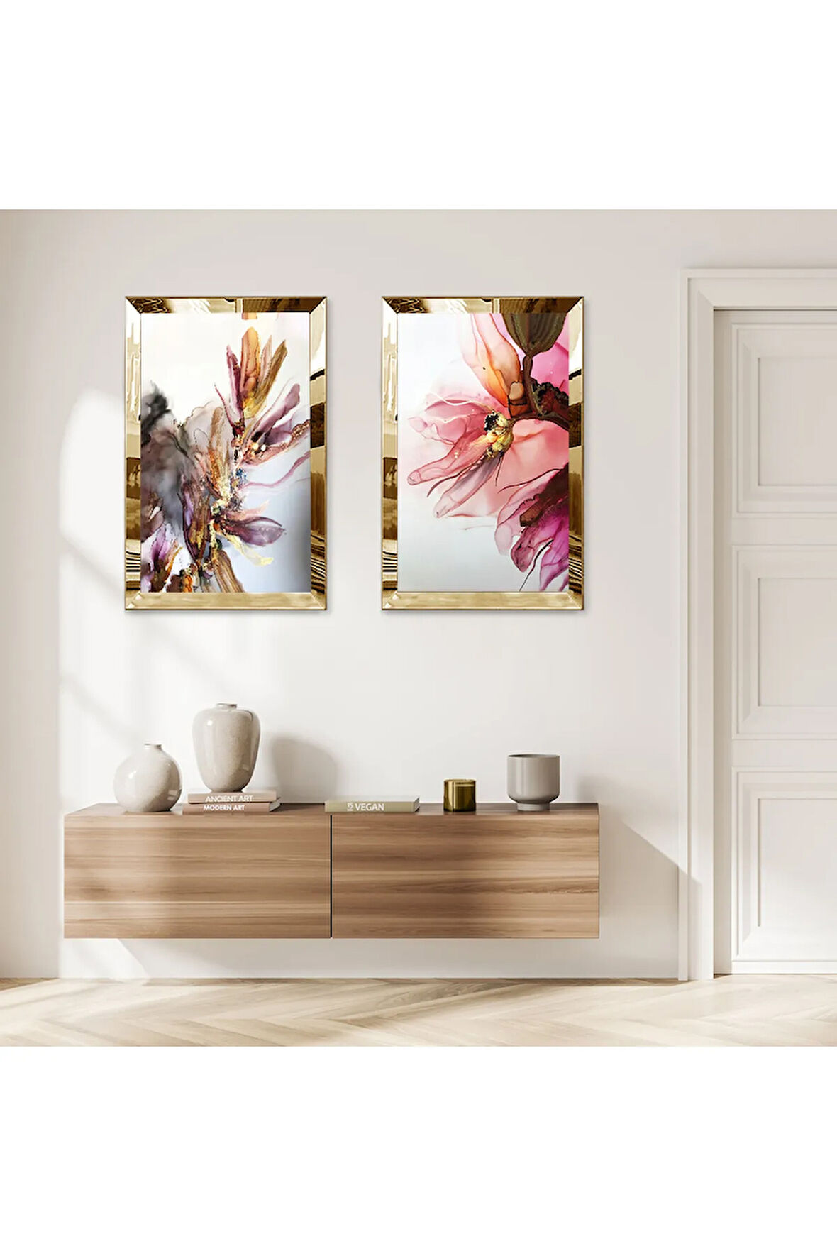 GOLD AYNALI PLEKSİ ÇERÇEVELİ RENKLİ DEKORATİF ÇİÇEKLER İKİLİ MDF TABLO SETİ