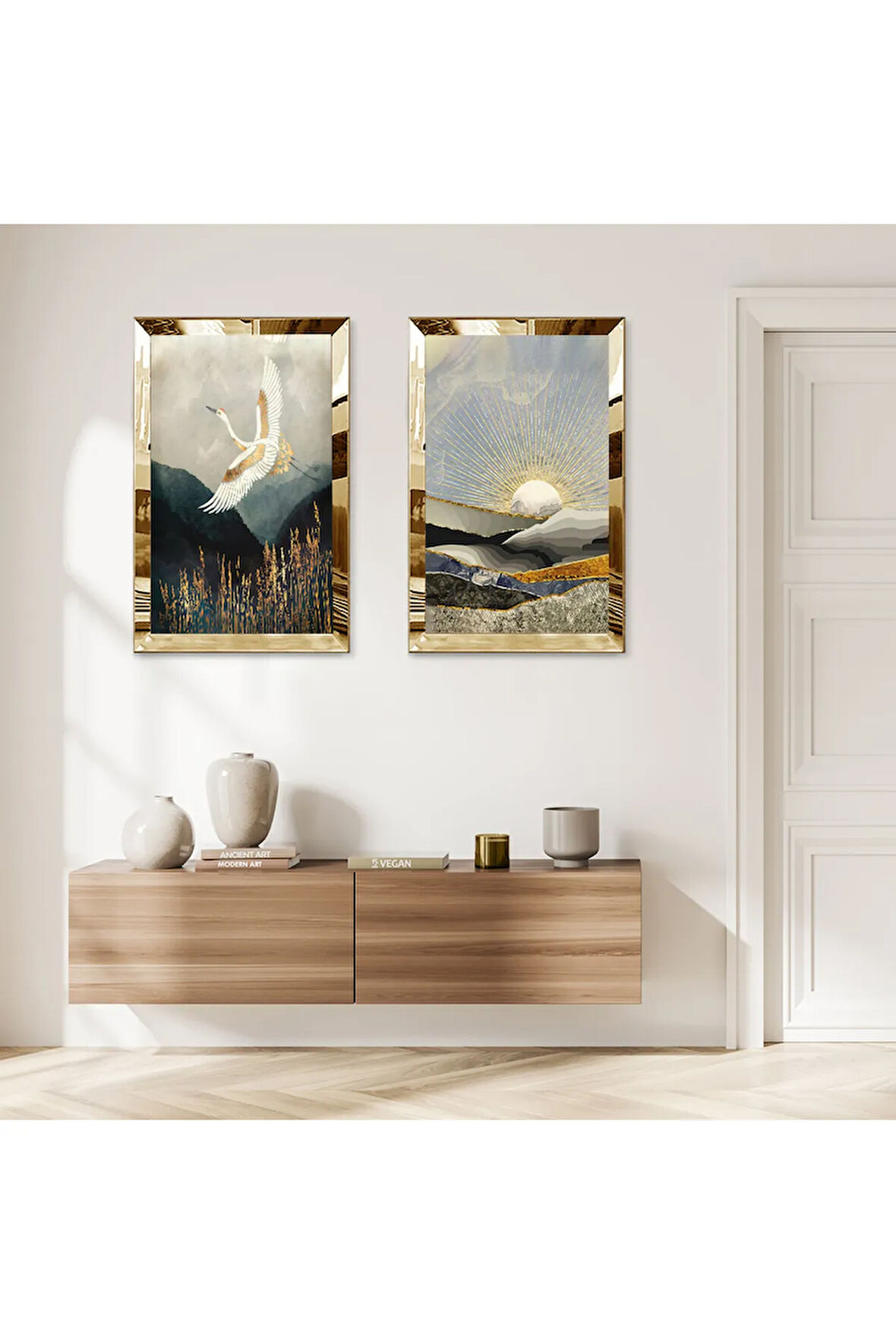 GOLD AYNALI PLEKSİ ÇERÇEVELİ UÇAN KUŞ MODERN İKİLİ MDF TABLO SETİ