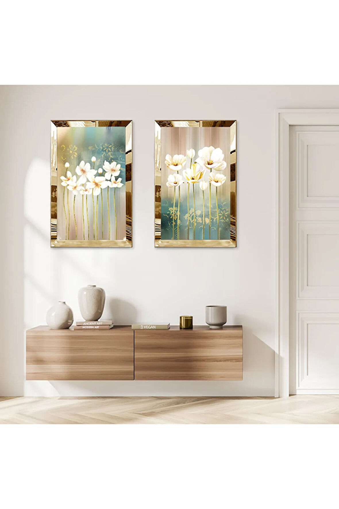 GOLD AYNALI PLEKSİ ÇERÇEVELİ RENKLİ ARKA PLANLI SOYUT BİTKİLER DEKORATİF İKİLİ MDF TABLO SETİ