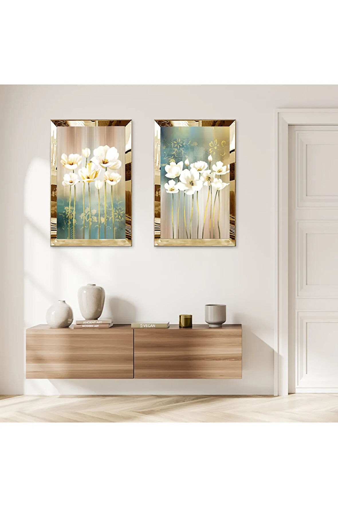 GOLD AYNALI PLEKSİ ÇERÇEVELİ RENKLİ ARKA PLANLI BİTKİLER İKİLİ MDF TABLO SETİ