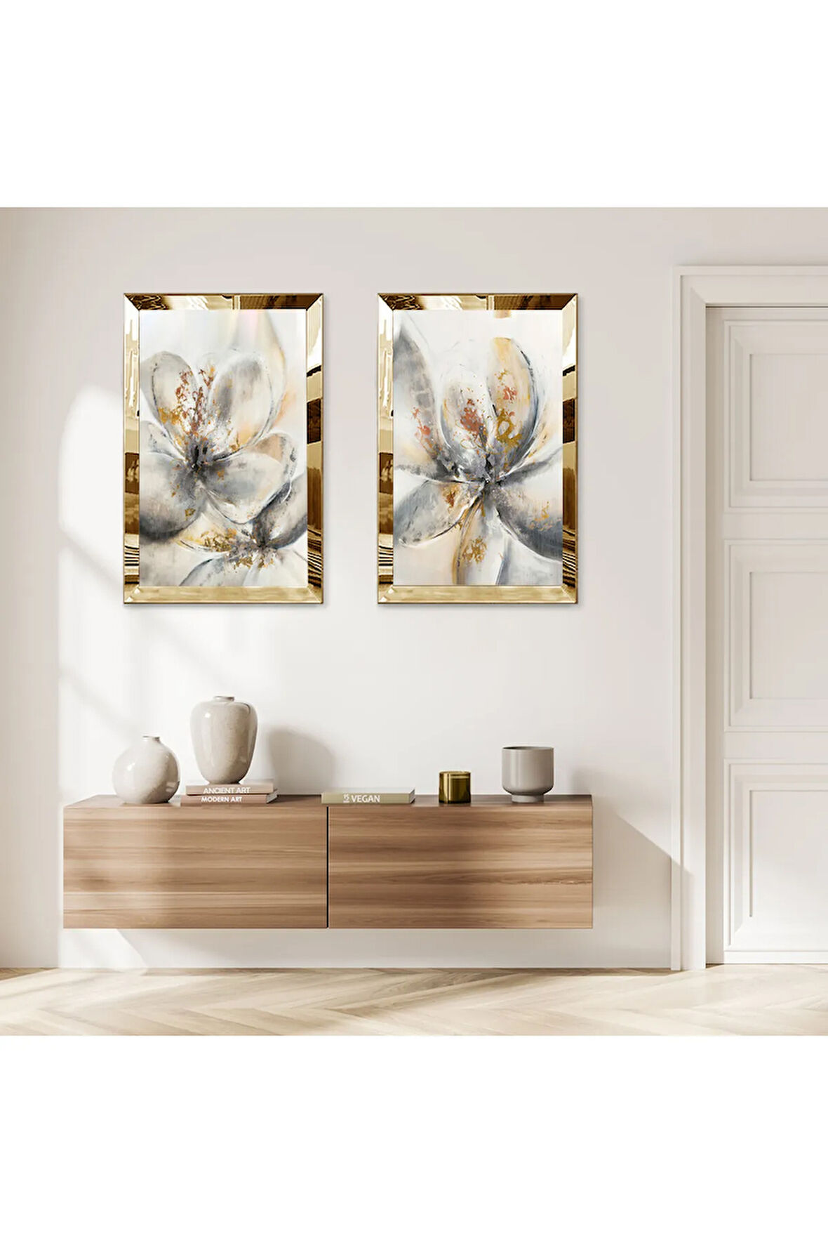 GOLD AYNALI PLEKSİ ÇERÇEVELİ BEYAZ SOYUT ÇİÇEKLER DEKORATİF İKİLİ MDF TABLO SETİ