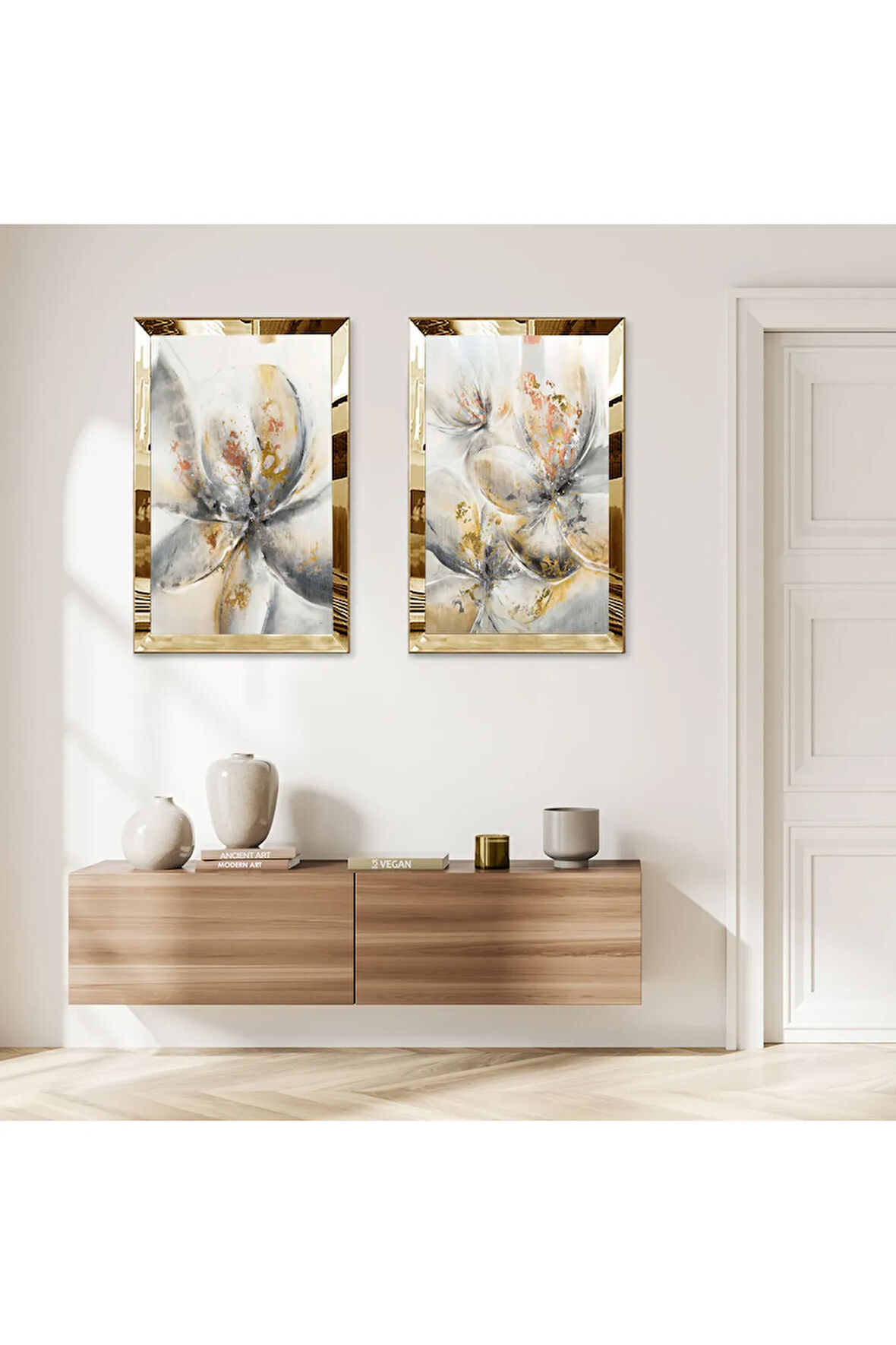 GOLD AYNALI PLEKSİ ÇERÇEVELİ BEYAZ SOYUT ÇİÇEKLER İKİLİ MDF TABLO SETİ