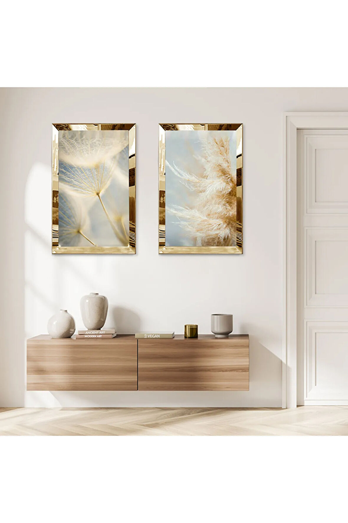 GOLD AYNALI PLEKSİ ÇERÇEVELİ GRİ ARKA PLANLI KURUTULMUŞ ÇİÇEK MODERN İKİLİ MDF TABLO SETİ