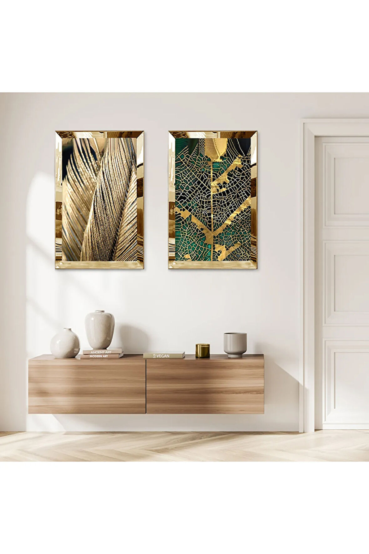 GOLD AYNALI PLEKSİ ÇERÇEVELİ SOYUT GOLD DESENLİ MODERN İKİLİ MDF TABLO SETİ