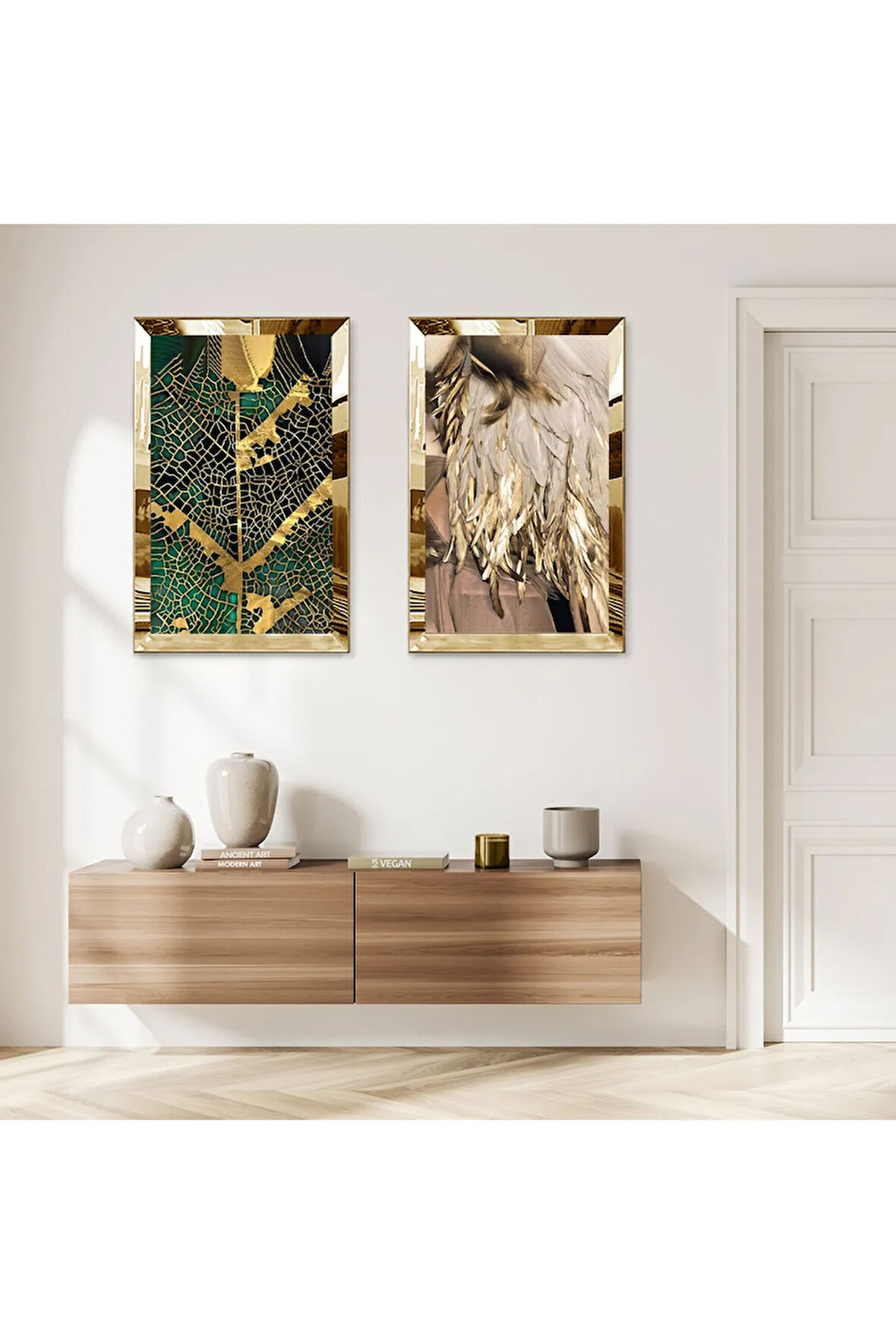 GOLD AYNALI PLEKSİ ÇERÇEVELİ SOYUT GOLD DESENLİ İKİLİ MDF TABLO SETİ