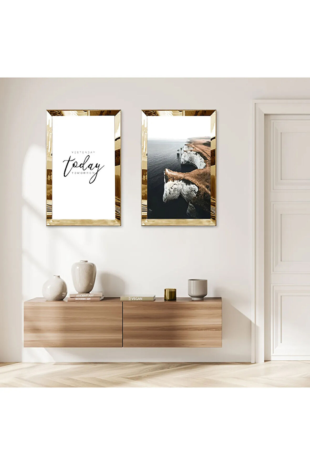 GOLD AYNALI PLEKSİ ÇERÇEVELİ MODERN DENİZ MANZARALI İKİLİ MDF TABLO SETİ