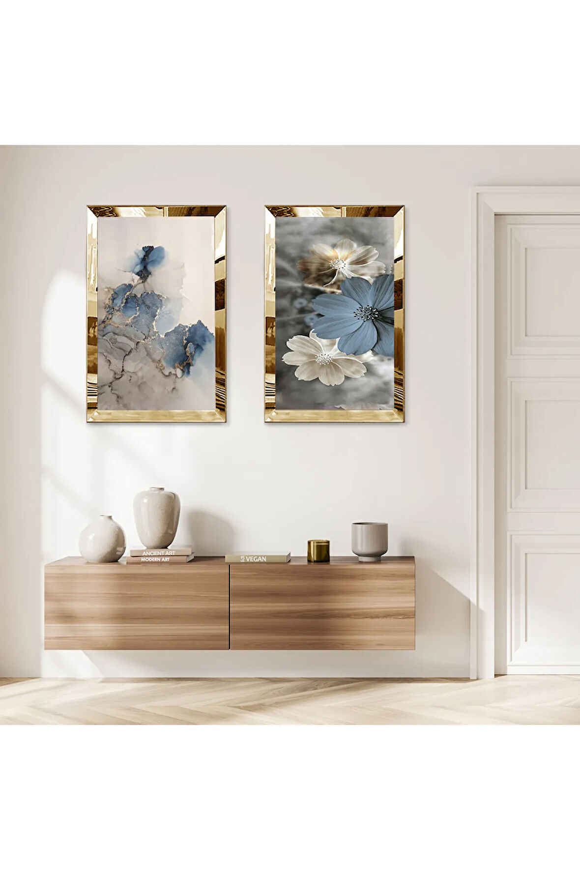 GOLD AYNALI PLEKSİ ÇERÇEVELİ ÇİÇEK DESENLİ DEKORATİF İKİLİ MDF TABLO SETİ