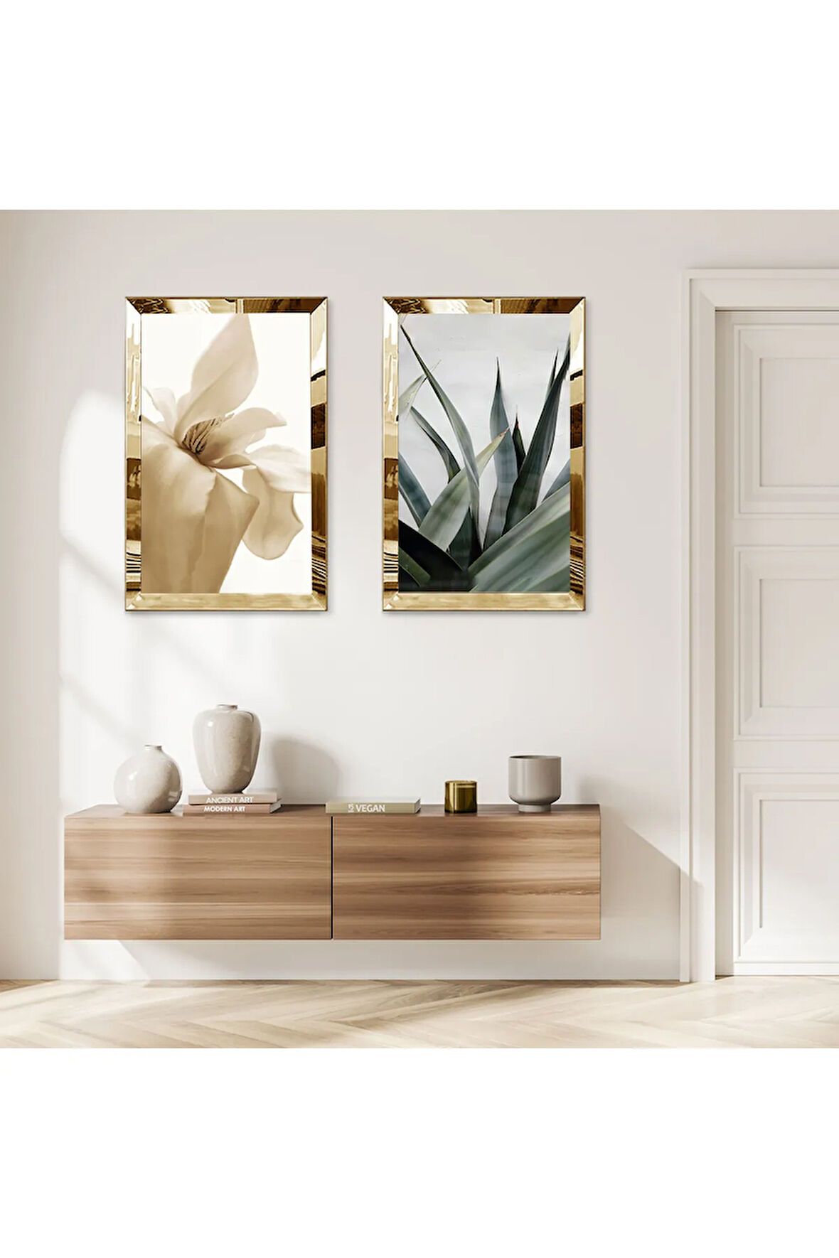 GOLD AYNALI PLEKSİ ÇERÇEVELİ MODERN BİTKİ DEKORATİF İKİLİ MDF TABLO SETİ