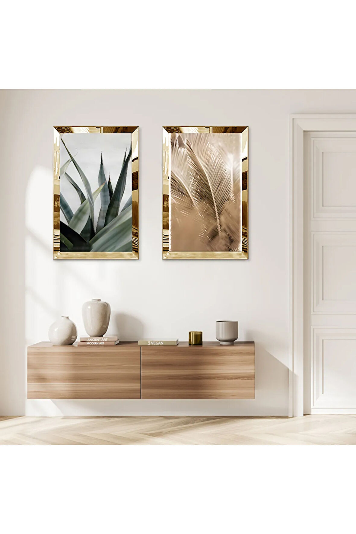 GOLD AYNALI PLEKSİ ÇERÇEVELİ MODERN BİTKİ İKİLİ MDF TABLO SETİ