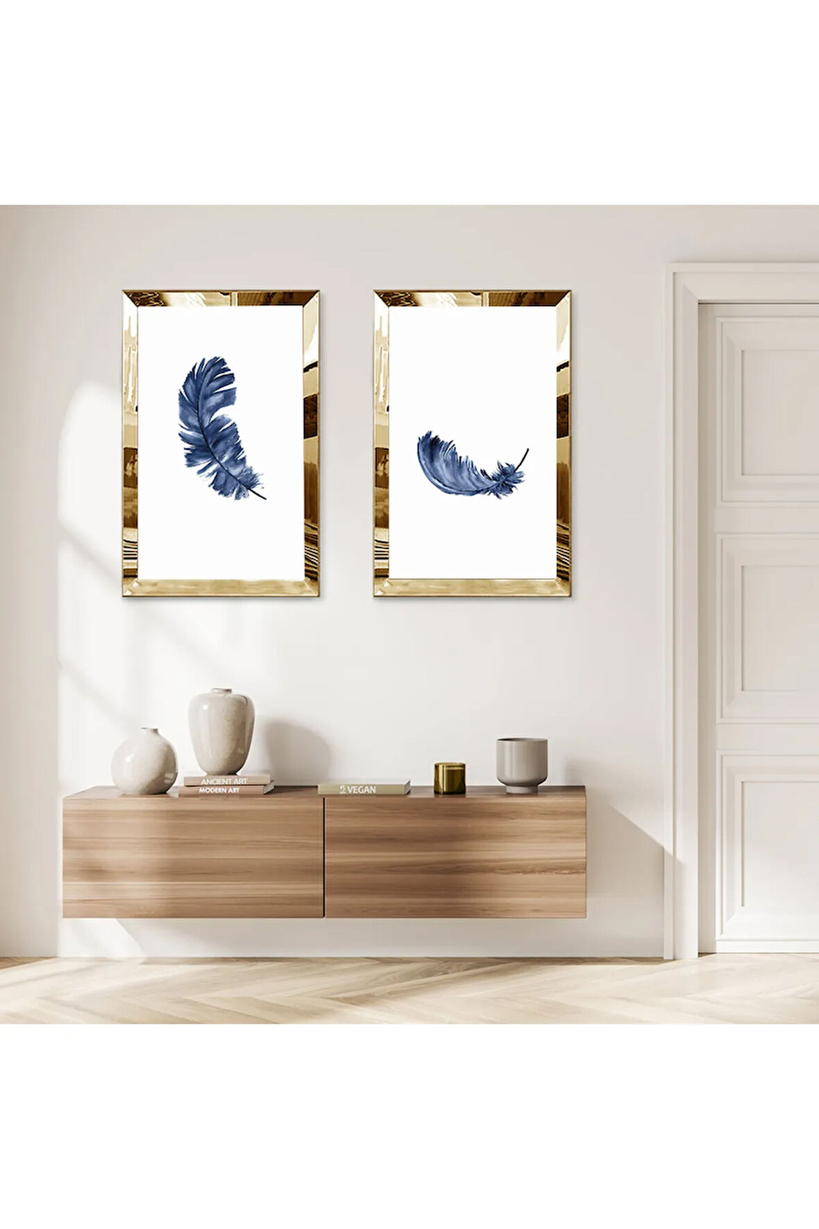 GOLD AYNALI PLEKSİ ÇERÇEVELİ BEYAZ ARKA PLANLI MAVİ YAPRAK DEKORATİF İKİLİ MDF TABLO SETİ