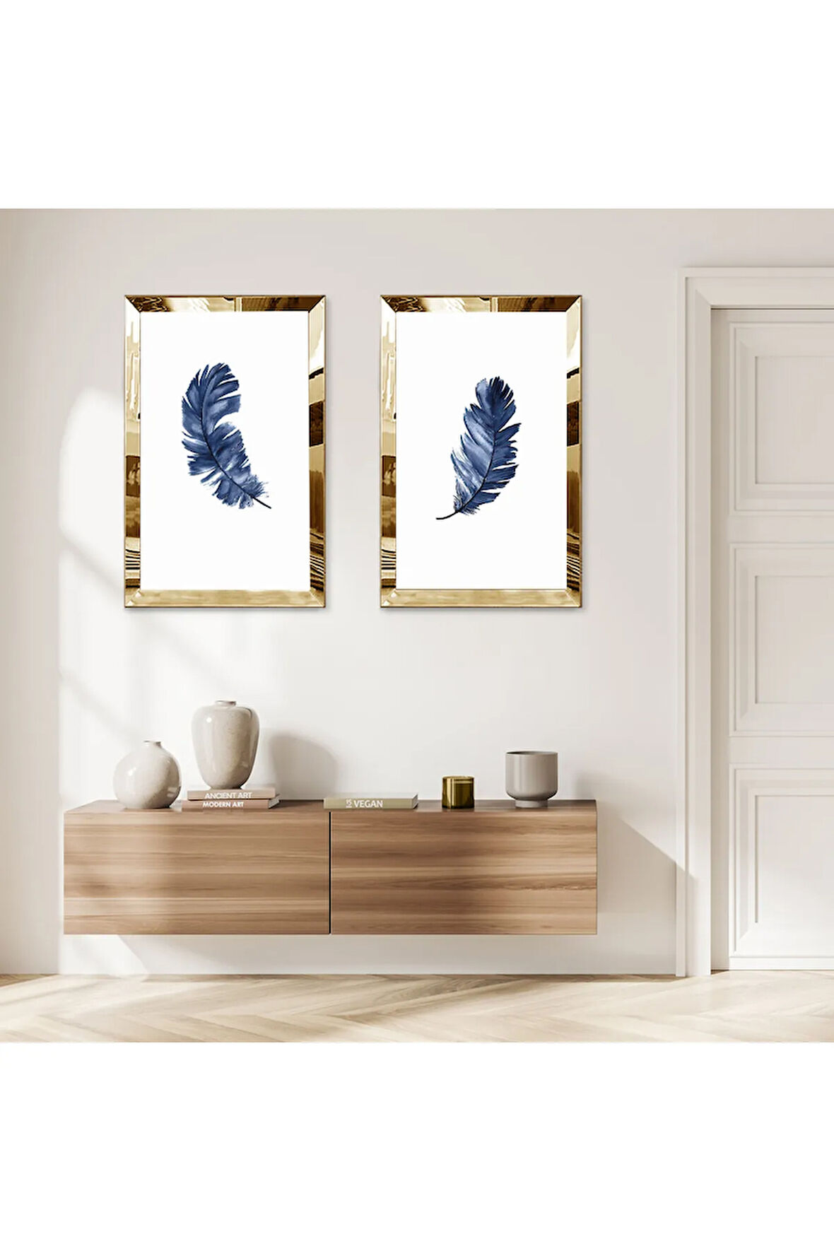 GOLD AYNALI PLEKSİ ÇERÇEVELİ BEYAZ ARKA PLANLI MAVİ YAPRAK MODERN İKİLİ MDF TABLO SETİ