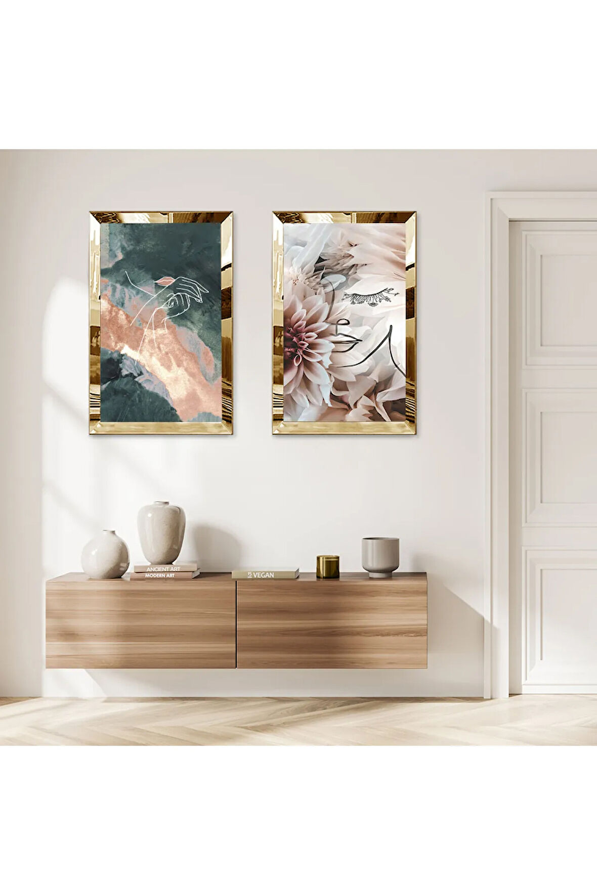 GOLD AYNALI PLEKSİ ÇERÇEVELİ MODERN SOYUT ŞEKİLLER DEKORATİF İKİLİ MDF TABLO SETİ