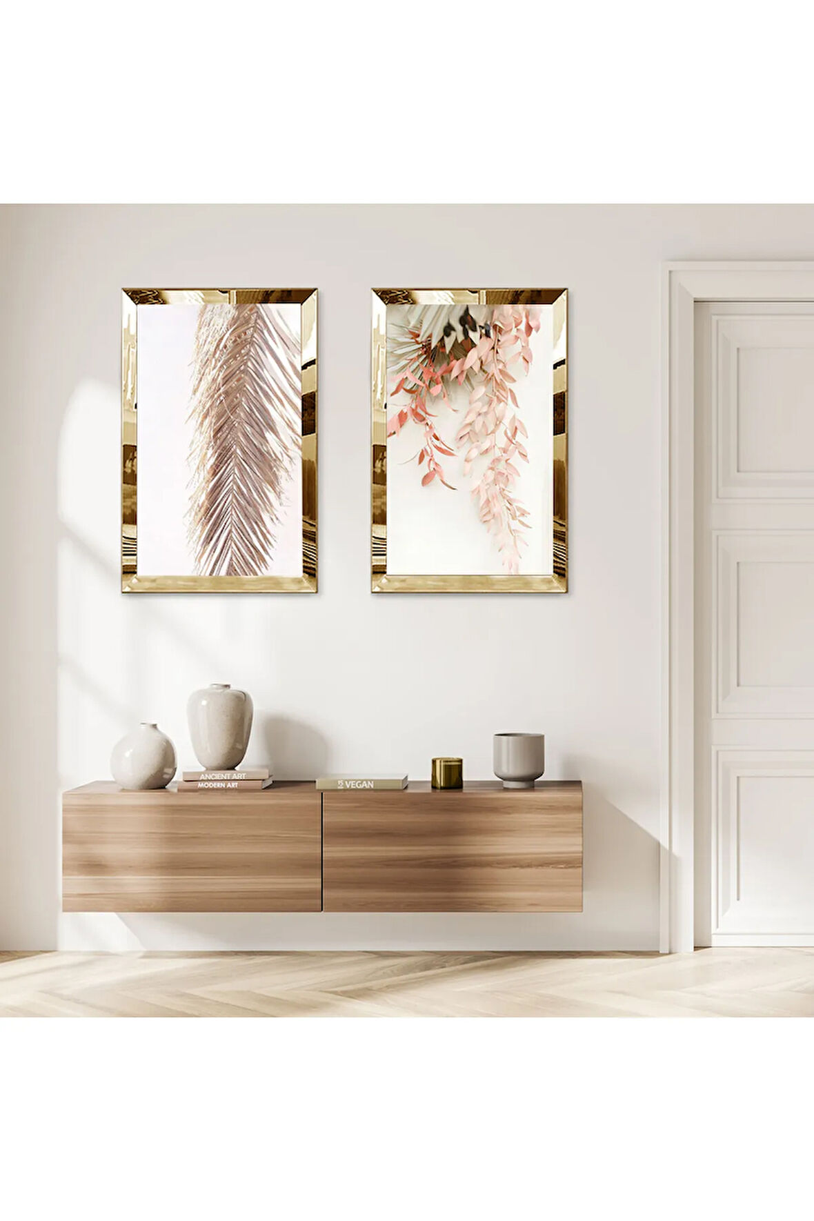 GOLD AYNALI PLEKSİ ÇERÇEVELİ BEYAZ ARKA PLANLI ÇİÇEK İKİLİ MDF TABLO SETİ