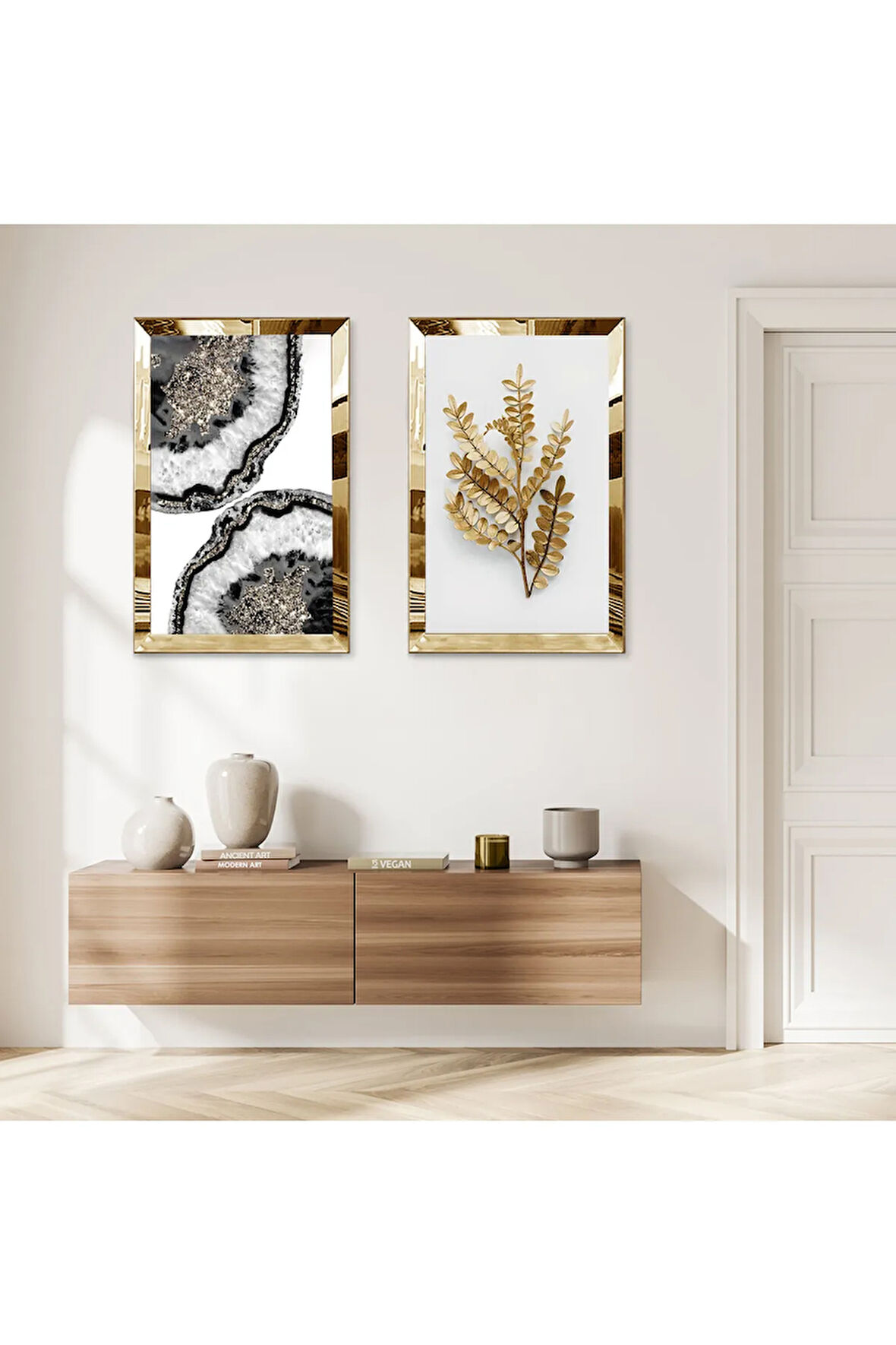 GOLD AYNALI PLEKSİ ÇERÇEVELİ BEYAZ ARKA PLANLI GOLD ÇİÇEK DESENLİ MODERN İKİLİ MDF TABLO SETİ