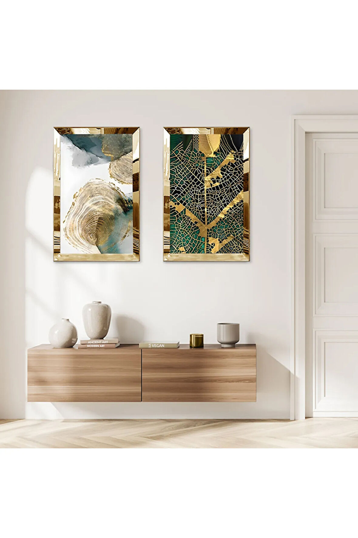GOLD AYNALI PLEKSİ ÇERÇEVELİ BEYAZ ARKA PLANLI YEŞİL DESENLER DEKORATİF İKİLİ MDF TABLO SETİ
