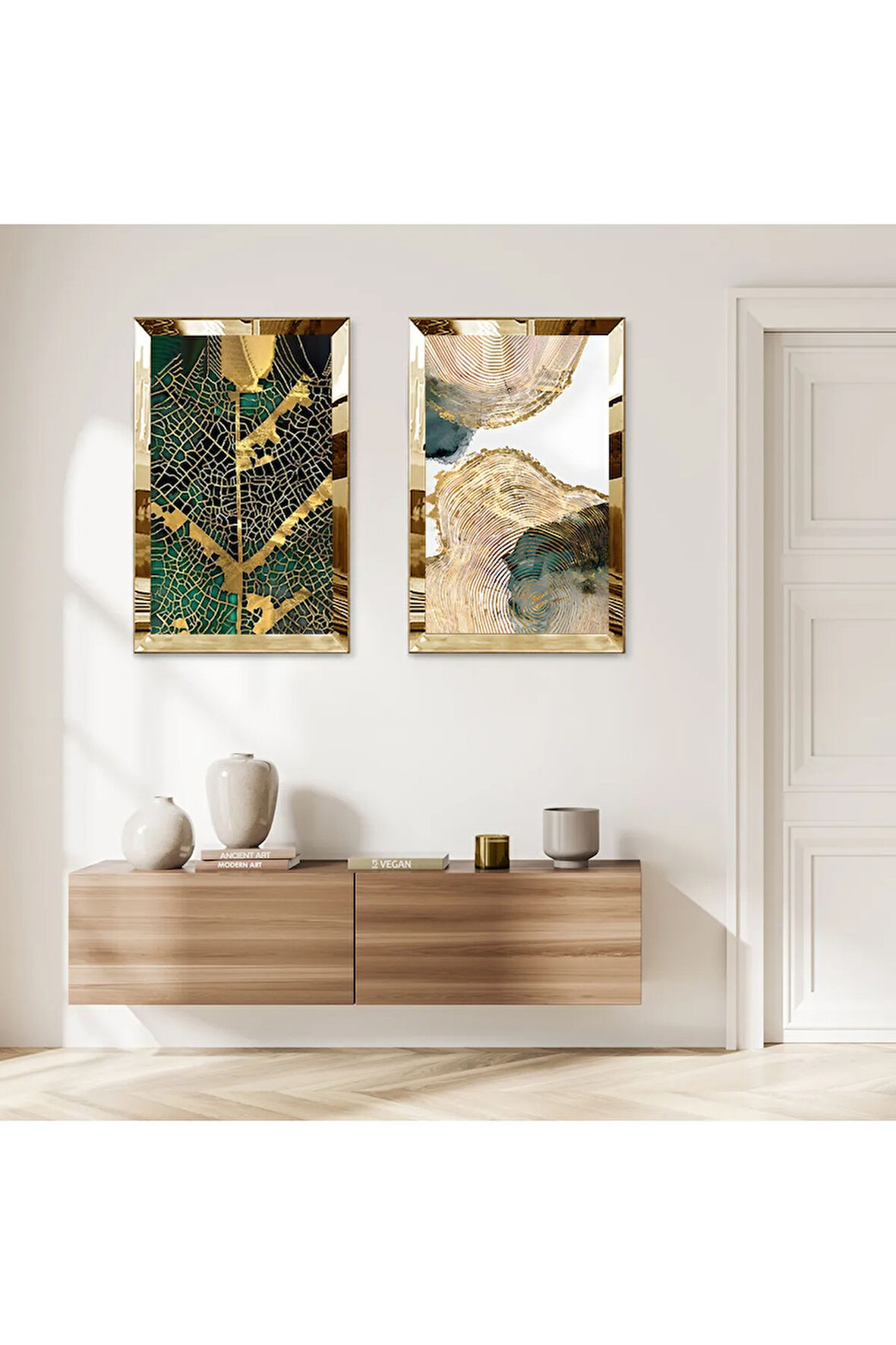 GOLD AYNALI PLEKSİ ÇERÇEVELİ BEYAZ ARKA PLANLI YEŞİL DESENLER MODERN İKİLİ MDF TABLO SETİ