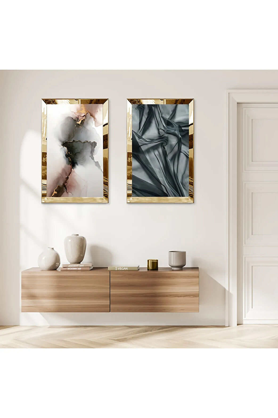 GOLD AYNALI PLEKSİ ÇERÇEVELİ BEYAZ ARKA PLANLI SİYAH DESENLİ MODERN İKİLİ MDF TABLO SETİ