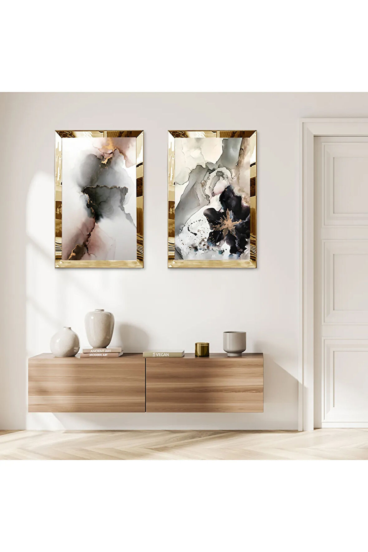 GOLD AYNALI PLEKSİ ÇERÇEVELİ BEYAZ ARKA PLANLI MODERN İKİLİ MDF TABLO SETİ