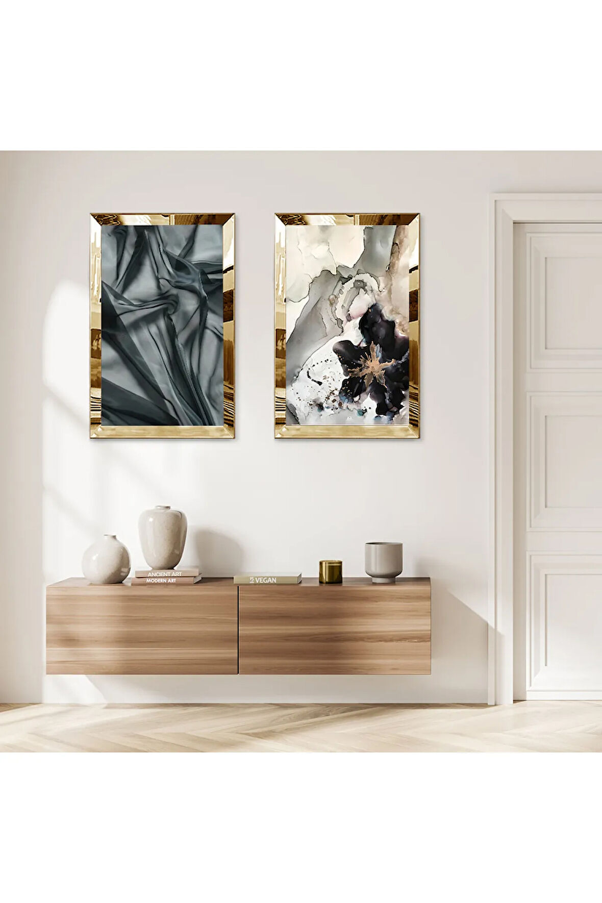 GOLD AYNALI PLEKSİ ÇERÇEVELİ BEYAZ ARKA PLANLI SİYAH DESENLİ DEKORATİF İKİLİ MDF TABLO SETİ