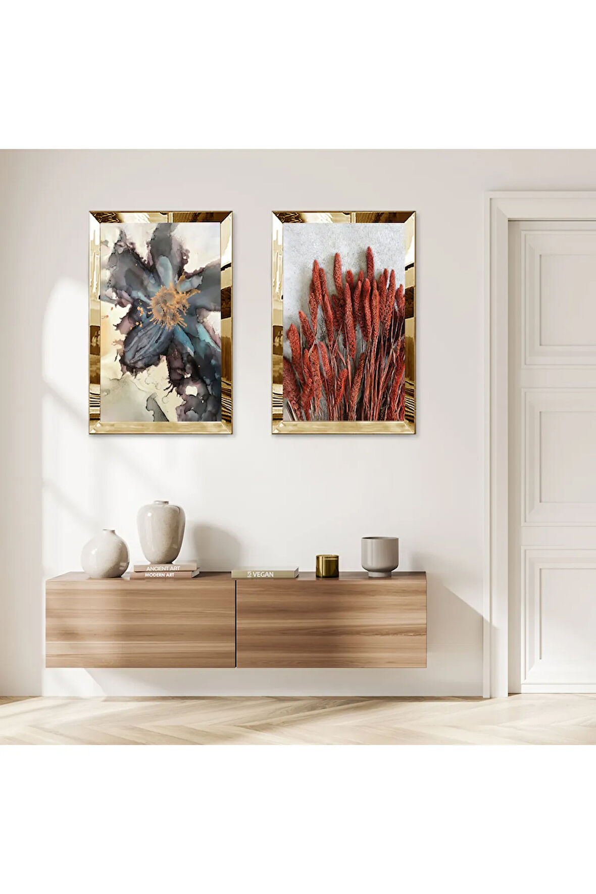 GOLD AYNALI PLEKSİ ÇERÇEVELİ BEYAZ ARKA PLANLI KURUTULMUŞ ÇİÇEK MODERN İKİLİ MDF TABLO SETİ