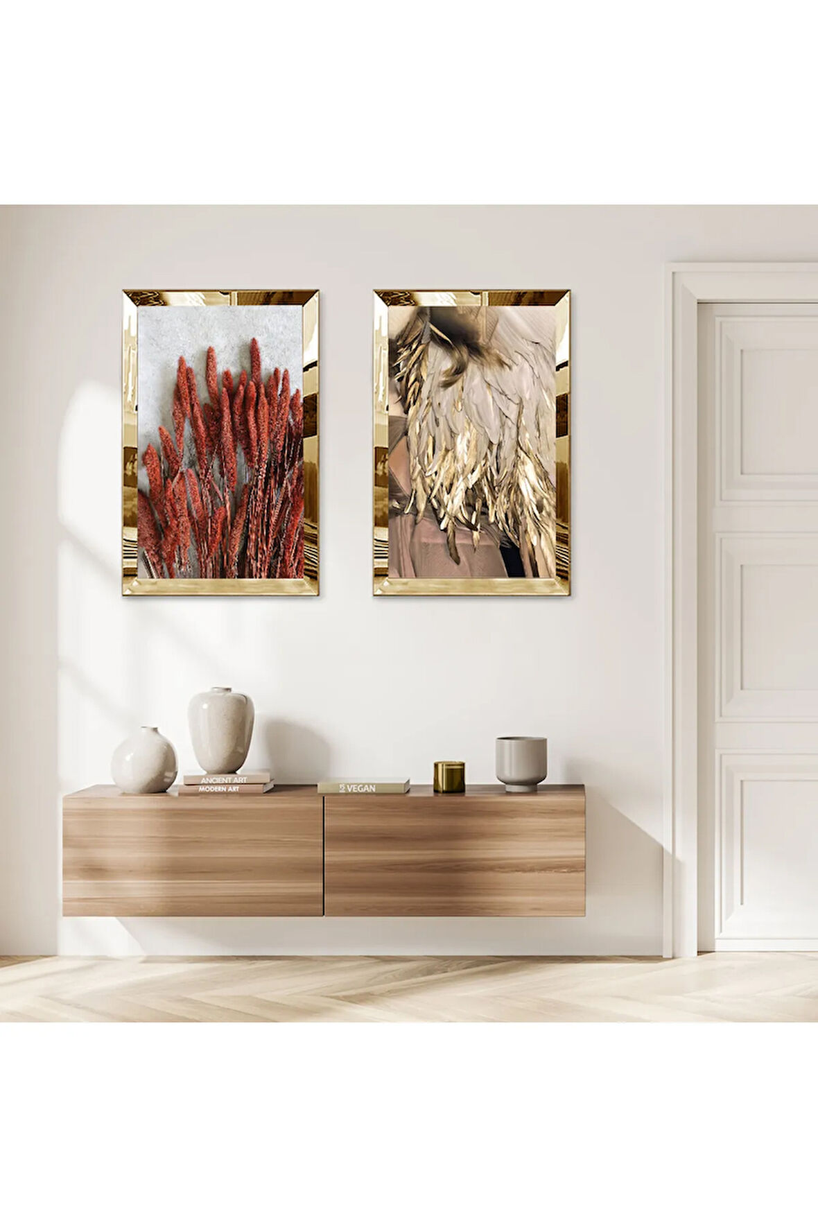 GOLD AYNALI PLEKSİ ÇERÇEVELİ BEYAZ ARKA PLANLI KURUTULMUŞ ÇİÇEK DEKORATİF İKİLİ MDF TABLO SETİ