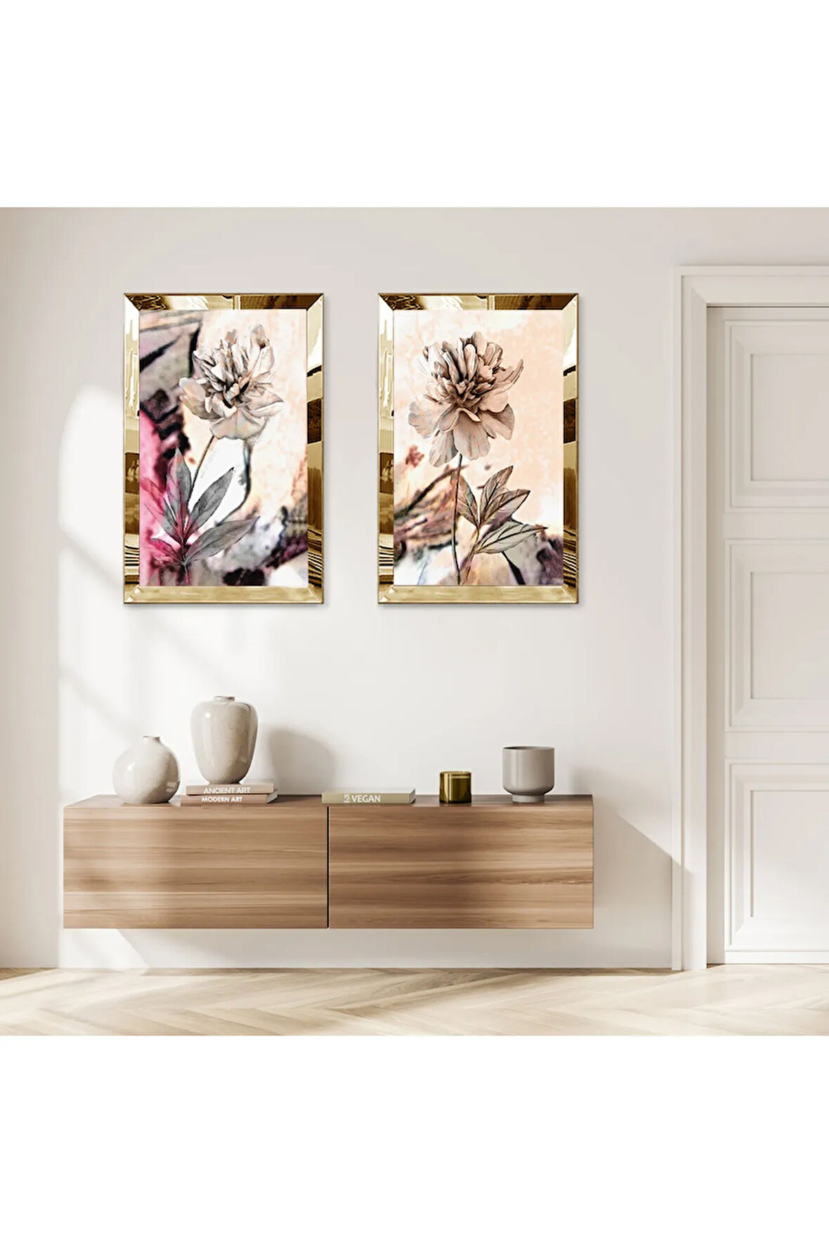 GOLD AYNALI PLEKSİ ÇERÇEVELİ SARI VE GRİ TONLARI MODERN ÇİÇEK İKİLİ MDF TABLO SETİ