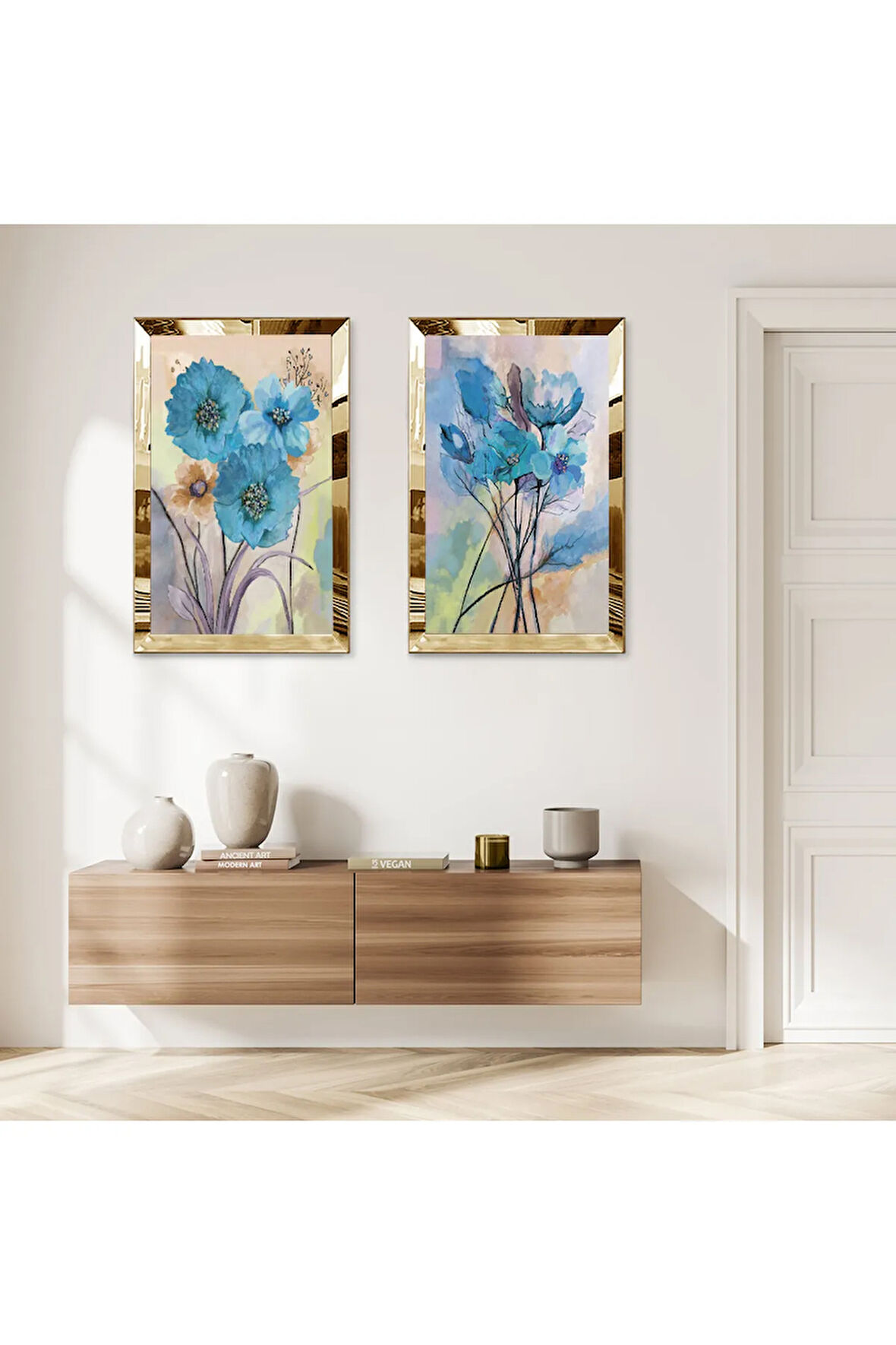 GOLD AYNALI PLEKSİ ÇERÇEVELİ MAVİ DEKORATİF ÇİÇEK İKİLİ MDF TABLO SETİ