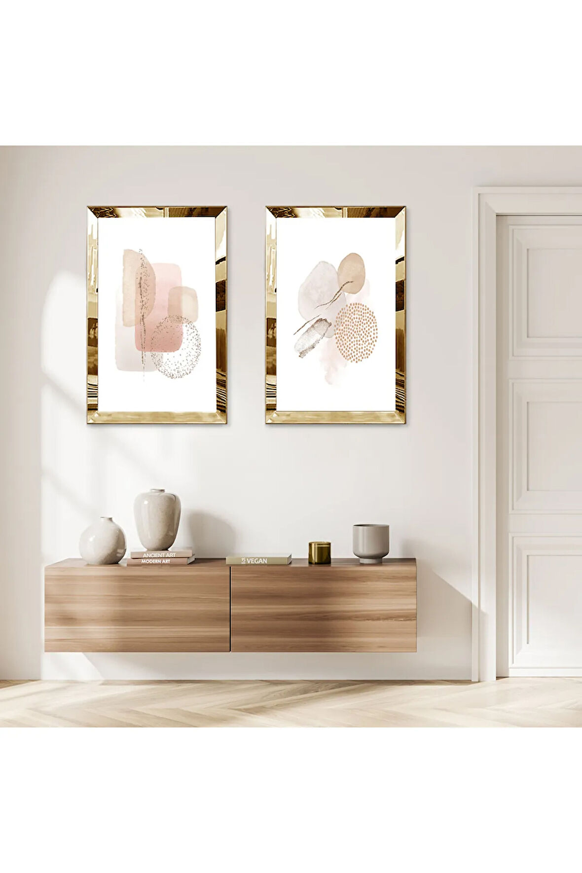 GOLD AYNALI PLEKSİ ÇERÇEVELİ BEYAZ ARKA PLANLI MİNİMALİST ŞEKİLLER DEKORATİF İKİLİ MDF TABLO SETİ