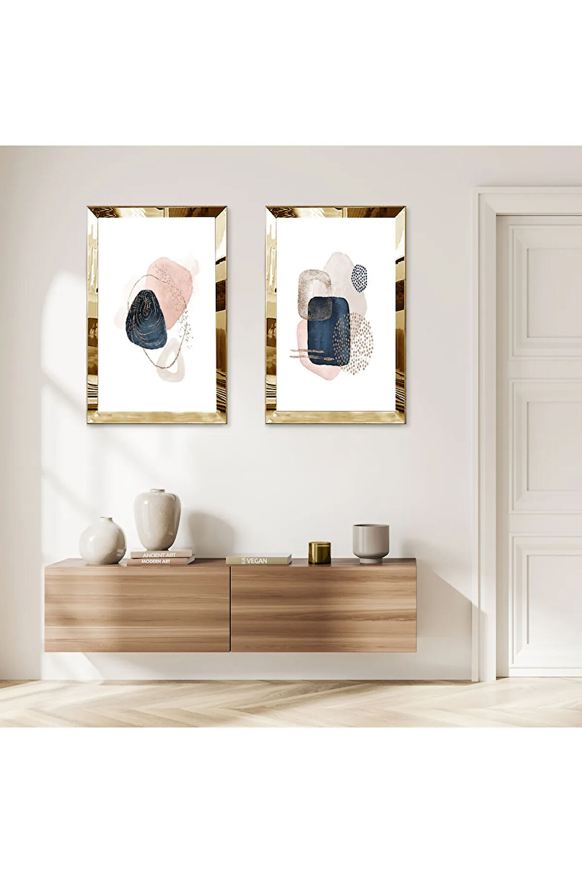 GOLD AYNALI PLEKSİ ÇERÇEVELİ BEYAZ ARKA PLANLI MİNİMALİST MODERN ŞEKİLLER İKİLİ MDF TABLO SETİ