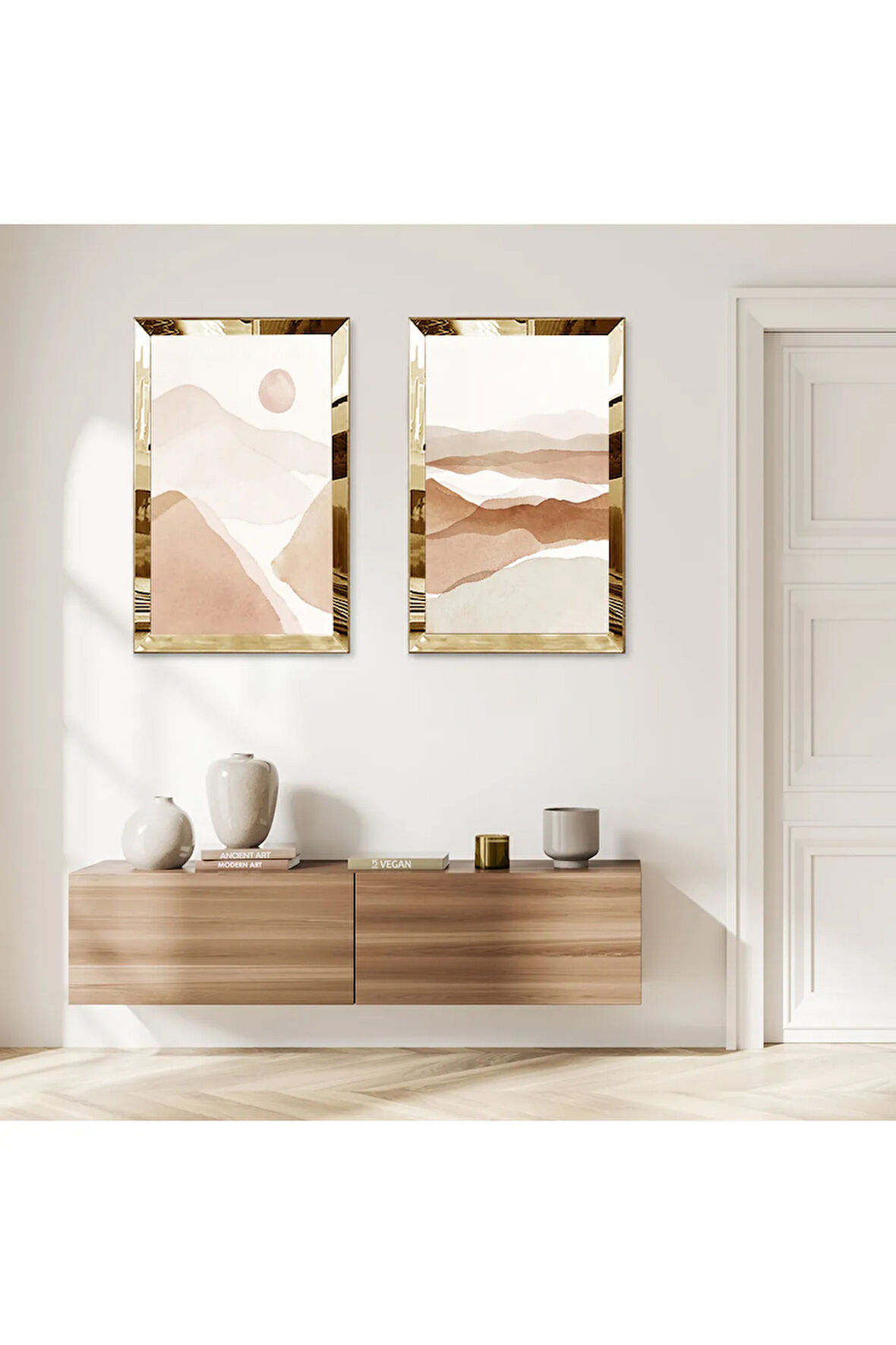GOLD AYNALI PLEKSİ ÇERÇEVELİ MODERN DAĞ MAZARALI DEKORATİF İKİLİ MDF TABLO SETİ