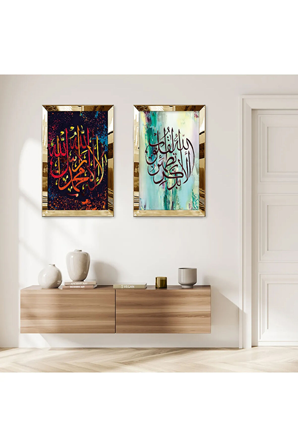 GOLD AYNALI PLEKSİ ÇERÇEVELİ RENKLİ ARKA PLAN ARAPÇA YAZILAR DİNİ İKİLİ MDF TABLO SETİ