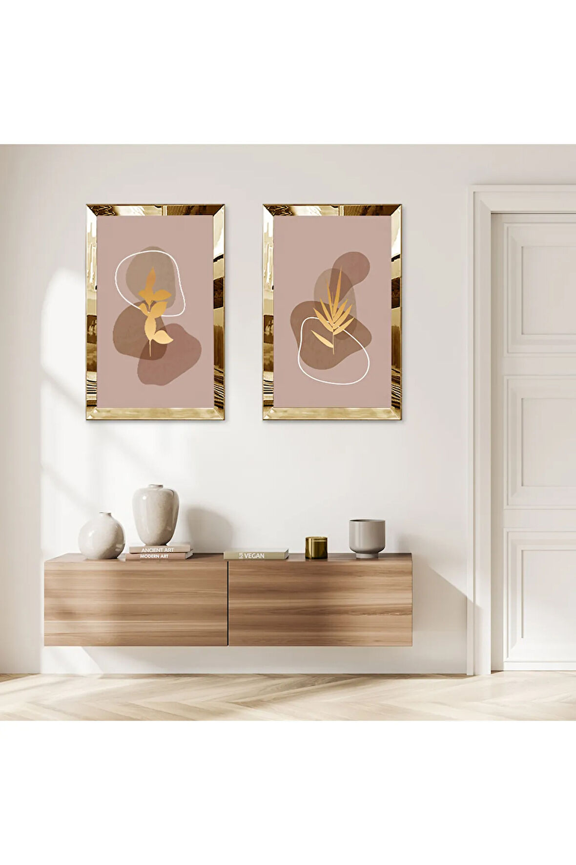 GOLD AYNALI PLEKSİ ÇERÇEVELİ DEKORATİF SOYUT ÇİÇEKLER İKİLİ MDF TABLO SETİ