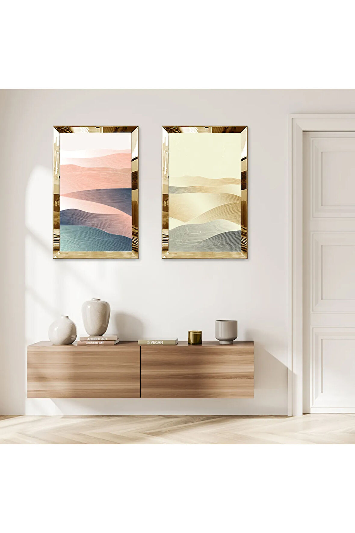GOLD AYNALI PLEKSİ ÇERÇEVELİ KUM DALGALARI İKİLİ MDF TABLO SETİ