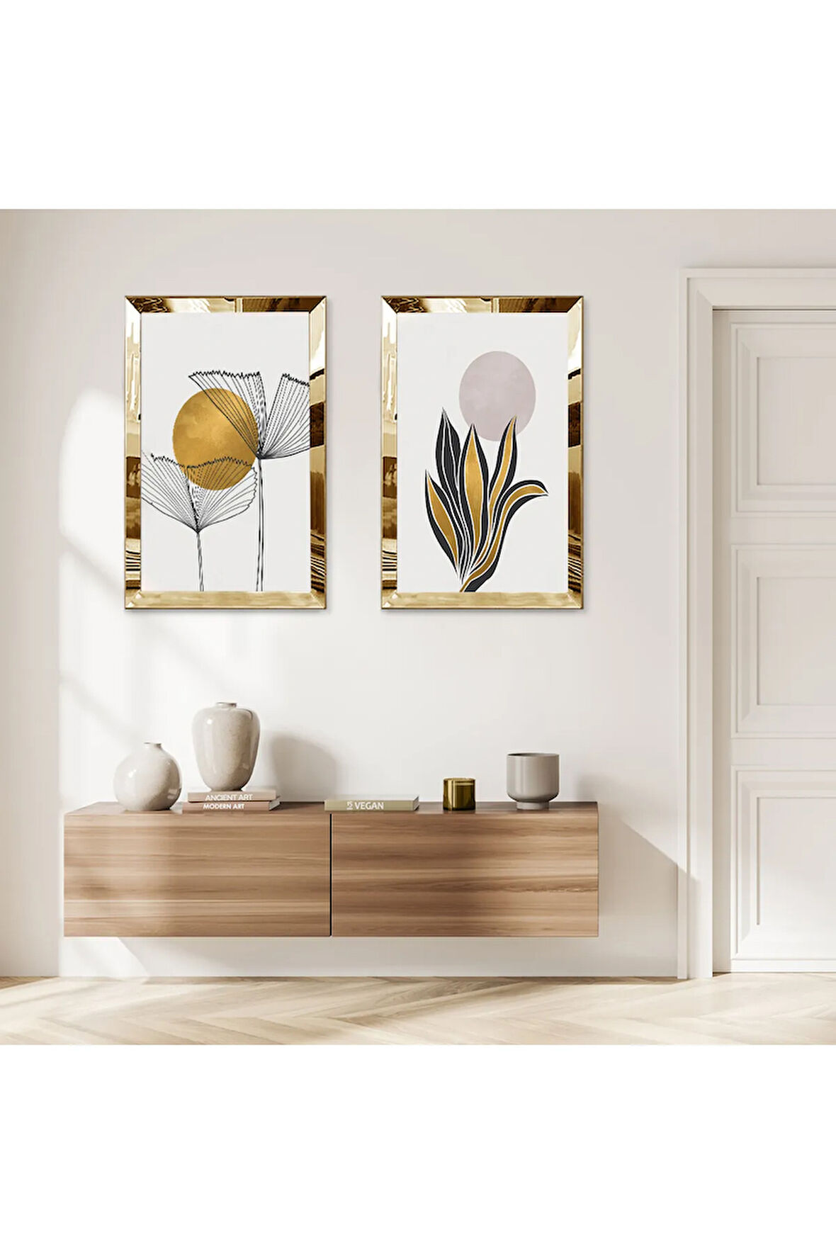GOLD AYNALI PLEKSİ ÇERÇEVELİ BEYAZ ARKA PLANLI M BİTKİ MODERN İKİLİ MDF TABLO SETİ