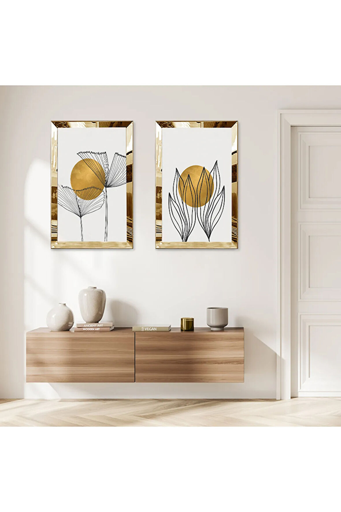 GOLD AYNALI PLEKSİ ÇERÇEVELİ BEYAZ ARKA PLANLI DEKORATİF BİTKİ İKİLİ MDF TABLO SETİ