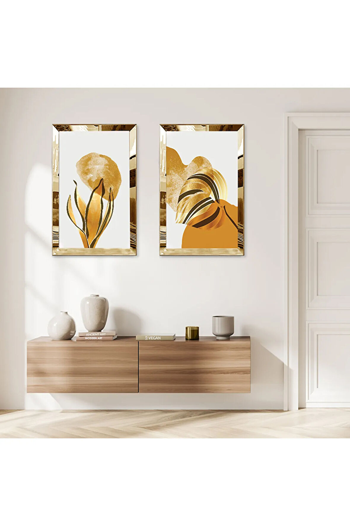 GOLD AYNALI PLEKSİ ÇERÇEVELİ BEYAZ PLANLI MODERN SOYUT ÇİÇEK İKİLİ MDF TABLO SETİ