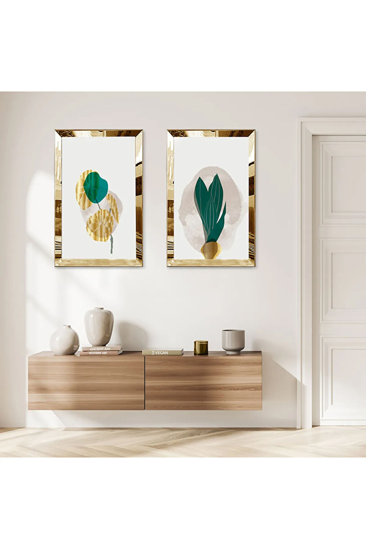 GOLD AYNALI PLEKSİ ÇERÇEVELİ BEYAZ ARKA PLANLI YEŞİL MODERN BİTKİ İKİLİ MDF TABLO SETİ