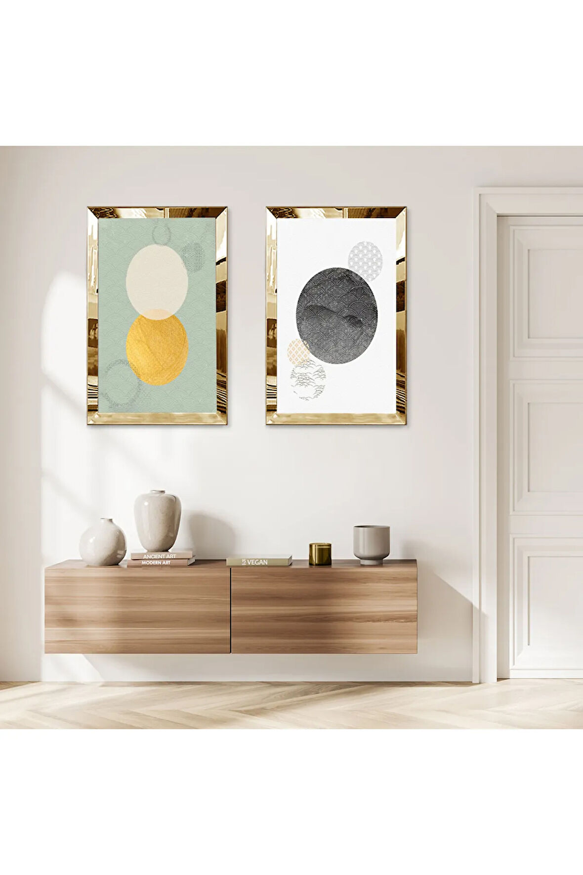 GOLD AYNALI PLEKSİ ÇERÇEVELİ MİNİMALİST MODERN ŞEKİLLER İKİLİ MDF TABLO SETİ