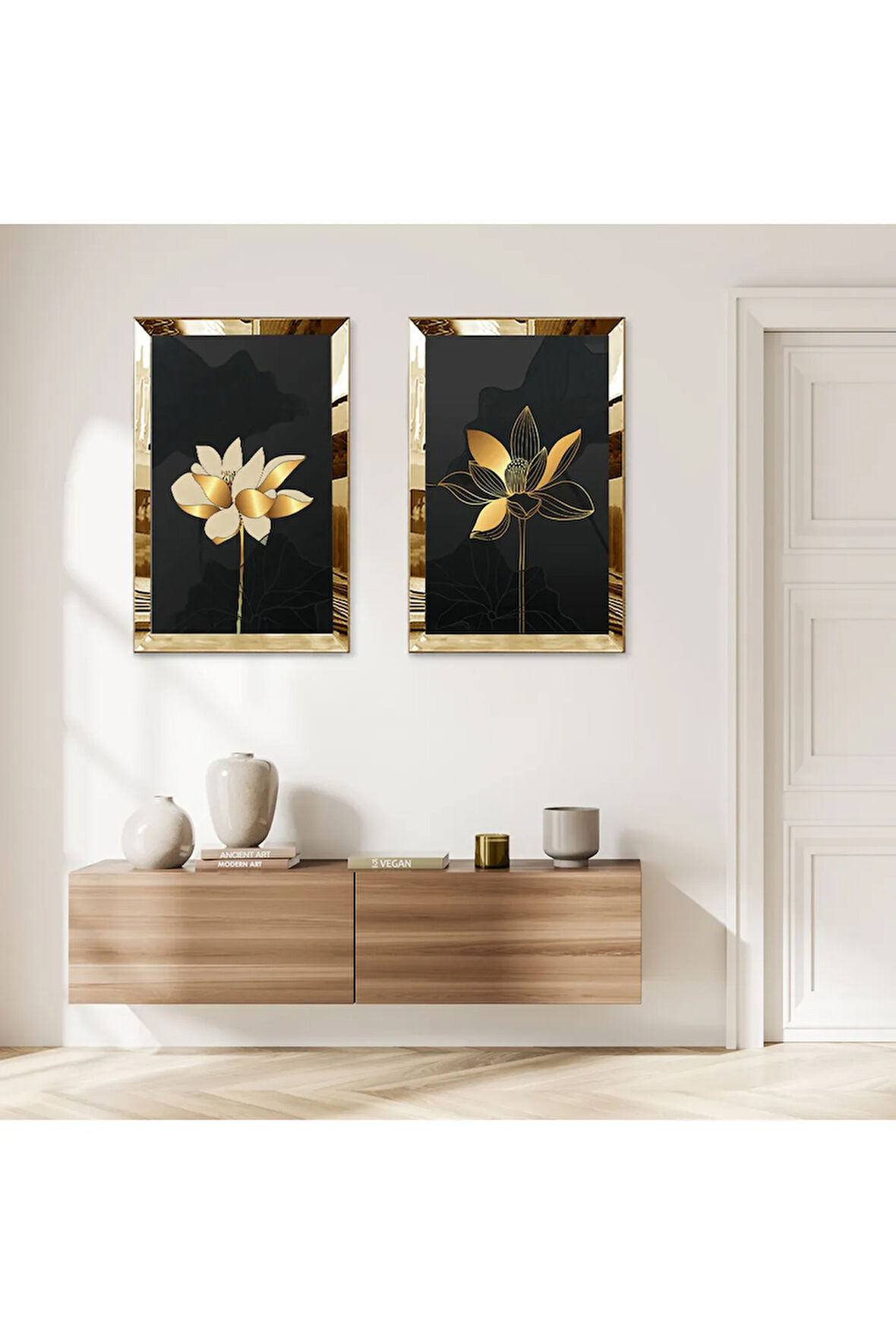 GOLD AYNALI PLEKSİ ÇERÇEVELİ SİYAH ARKA PLANLI GOLD ÇİÇEK DEKORATİF İKİLİ MDF TABLO SETİ