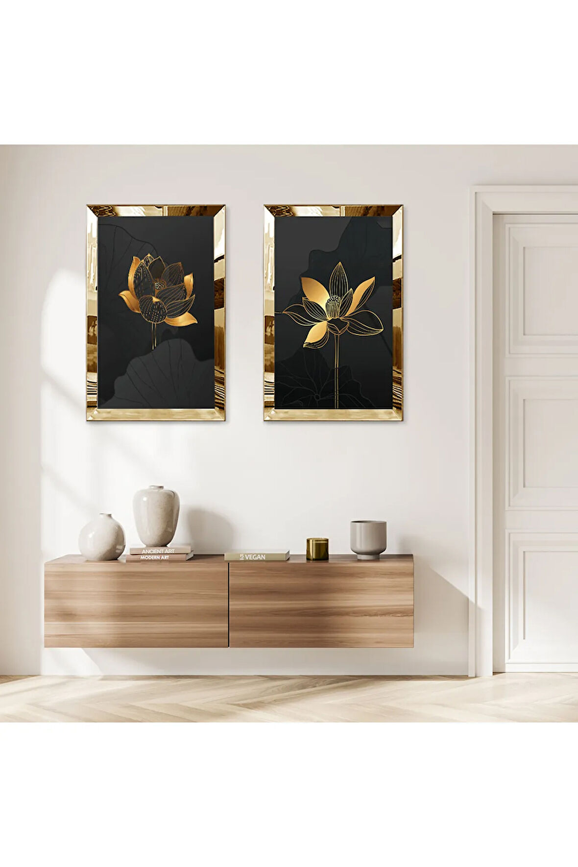 GOLD AYNALI PLEKSİ ÇERÇEVELİ MODERN SİYAH ARKA PLANLI GOLD ÇİÇEK İKİLİ MDF TABLO SETİ