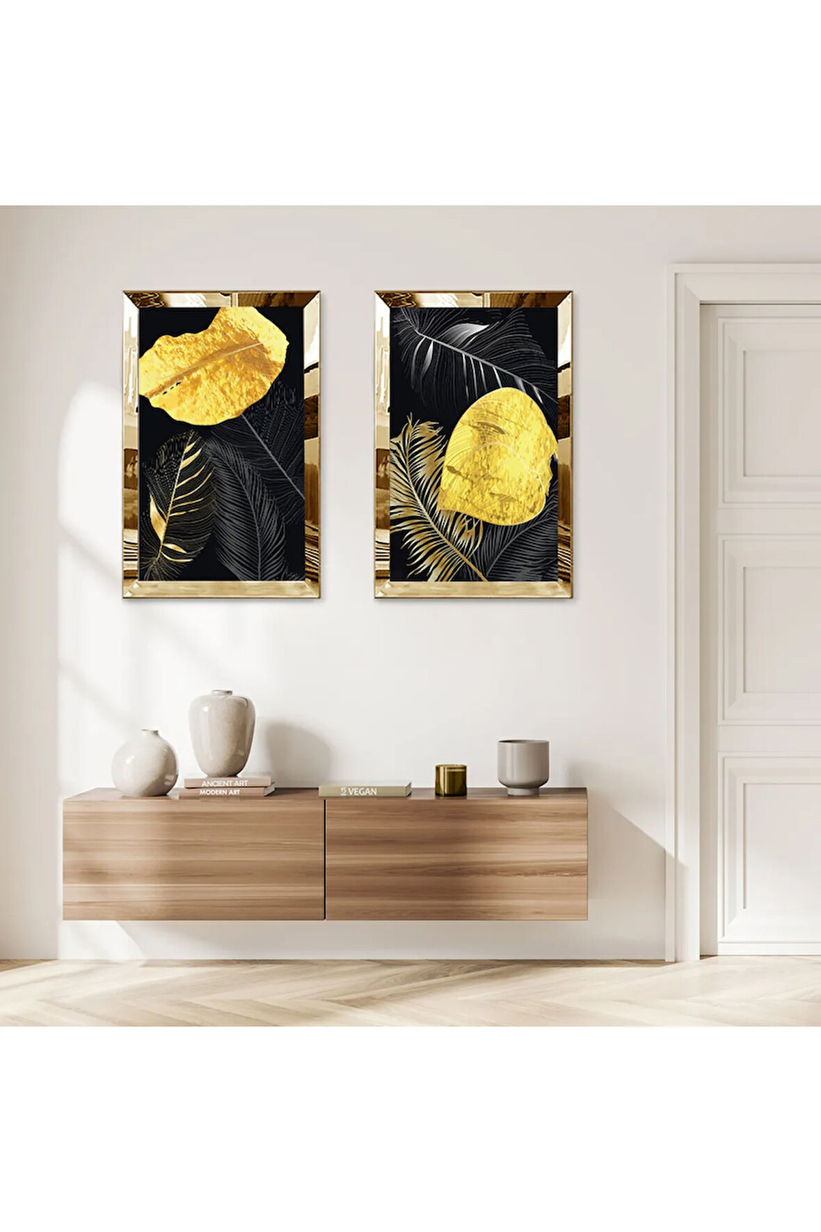 GOLD AYNALI PLEKSİ ÇERÇEVELİ SİYAH ARKA PLANLI DEKORATİF GOLD ÇİÇEK İKİLİ MDF TABLO SETİ