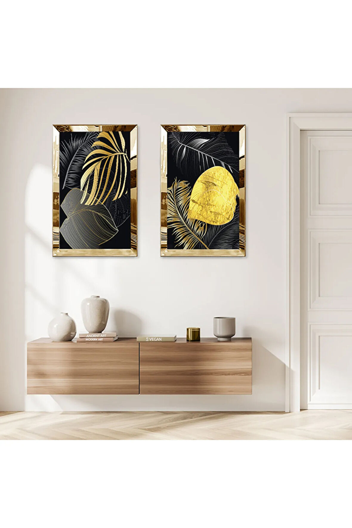 GOLD AYNALI PLEKSİ ÇERÇEVELİ SİYAH ARKA PLANLI GOLD ÇİÇEK İKİLİ MODERN MDF TABLO SETİ