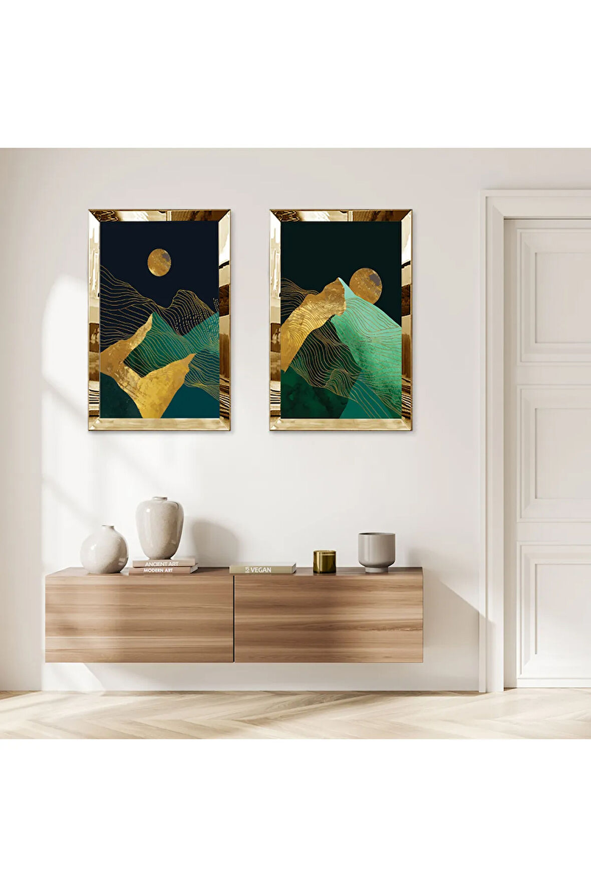 GOLD AYNALI PLEKSİ ÇERÇEVELİ SOYUT GECE DAĞ MANZARALI DEKORATİF İKİLİ MDF TABLO SETİ